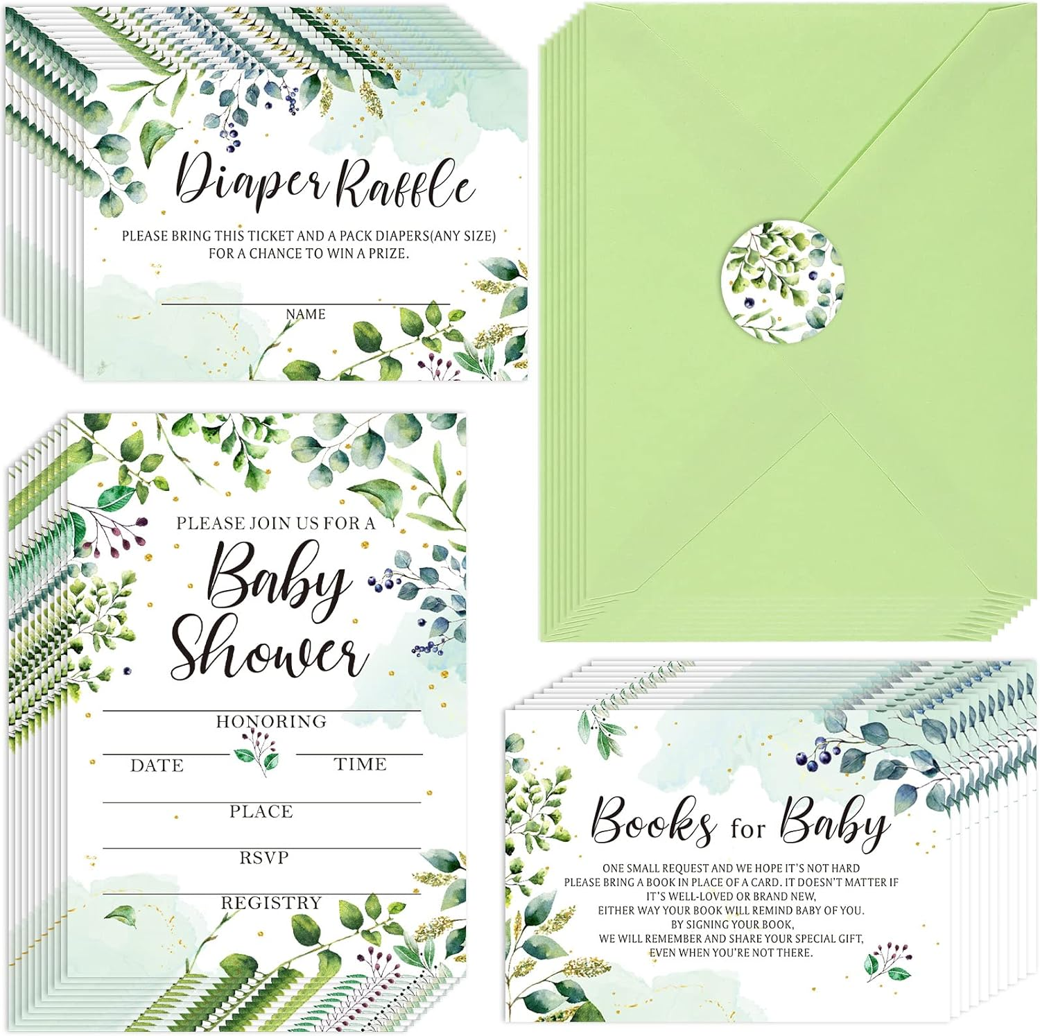 Leinuosen 25 Sets Greenery Baby Shower Invitations, Diaper Raffle Tickets, Baby Shower Book Request Cards with Envelopes for Baby Shower, Engagement and Birthday Party Decorations image number 2