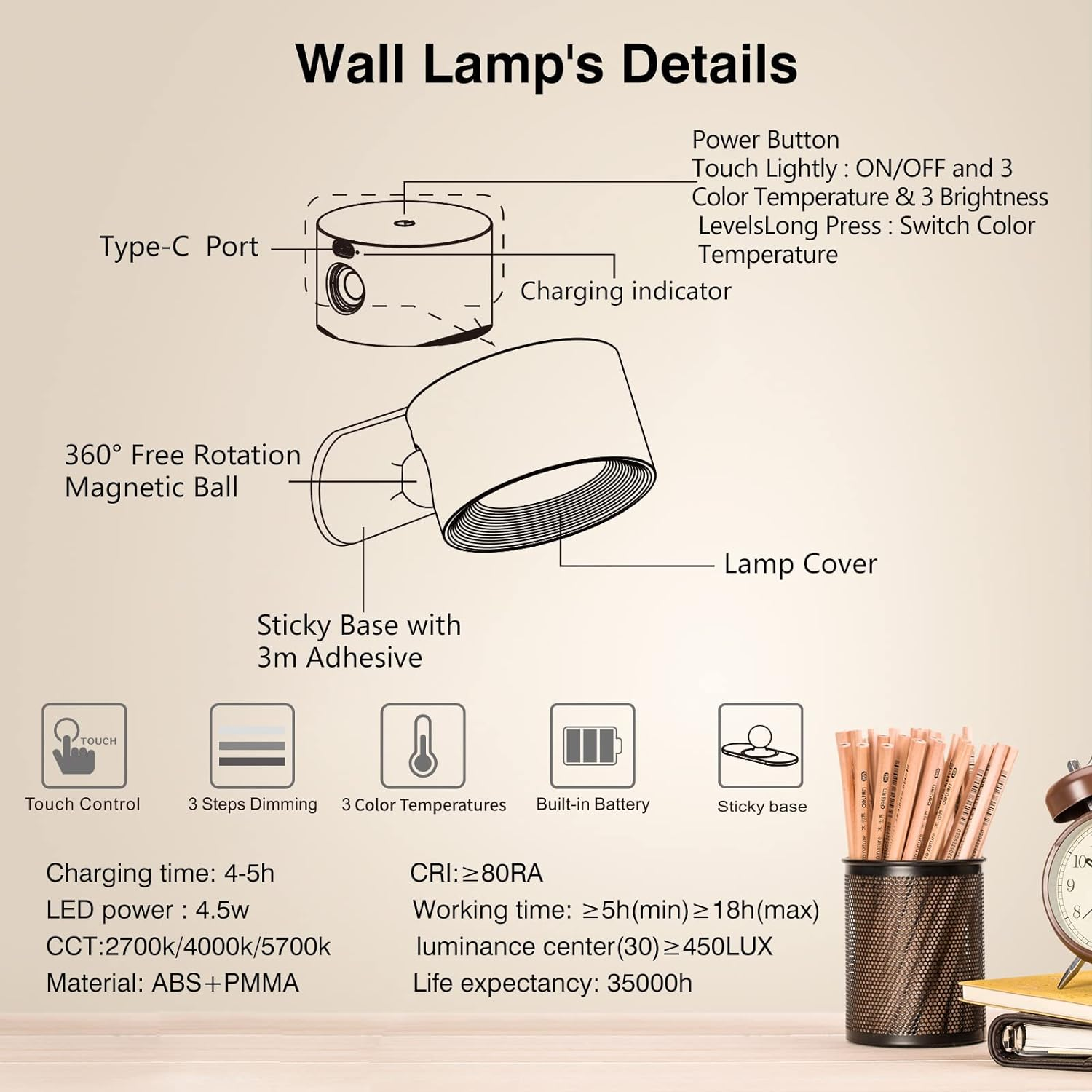 Koopala LED Wall Sconces, USB Port, Rechargeable Battery Operation, 3 Color Temperatures and 3 Brightness Levels, Magnetic Ball 360&deg; Rotation, Wireless, Bedside Reading image number 2