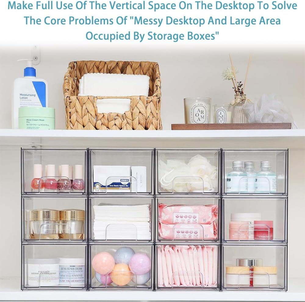 4-Pack Transparent Stackable Storage Boxes, Bathroom Cosmetic Storage Boxes, Drawer-Type Desktop Box, Dust-Proof, Large Capacity, for Dressing Tables, under Sinks, Kitchen Cabinets, Pantry, Home image number 5