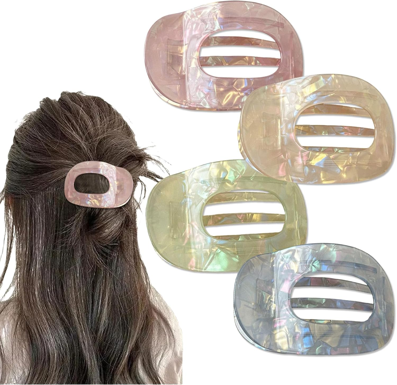 Yeomju Pack of 4 Acetate Flat Hair Clips, Flat Claw Clip for Women, Candy Colour Lay down Hair Clip for Thick and Thin Hair, Comfortable, Curved Flat Clips image number 4