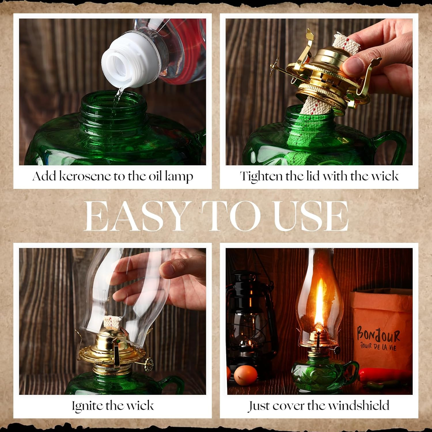 Yahenda 2 Pcs Chamber Oil Lamp Classic Kerosene Lamp Lantern Vintage Oil Lantern Decorative Antique Hurricane Lamp with Adjustable Fire Wick for Home Indoor Use, 12.6 Inch Height (Green,Gold) image number 5