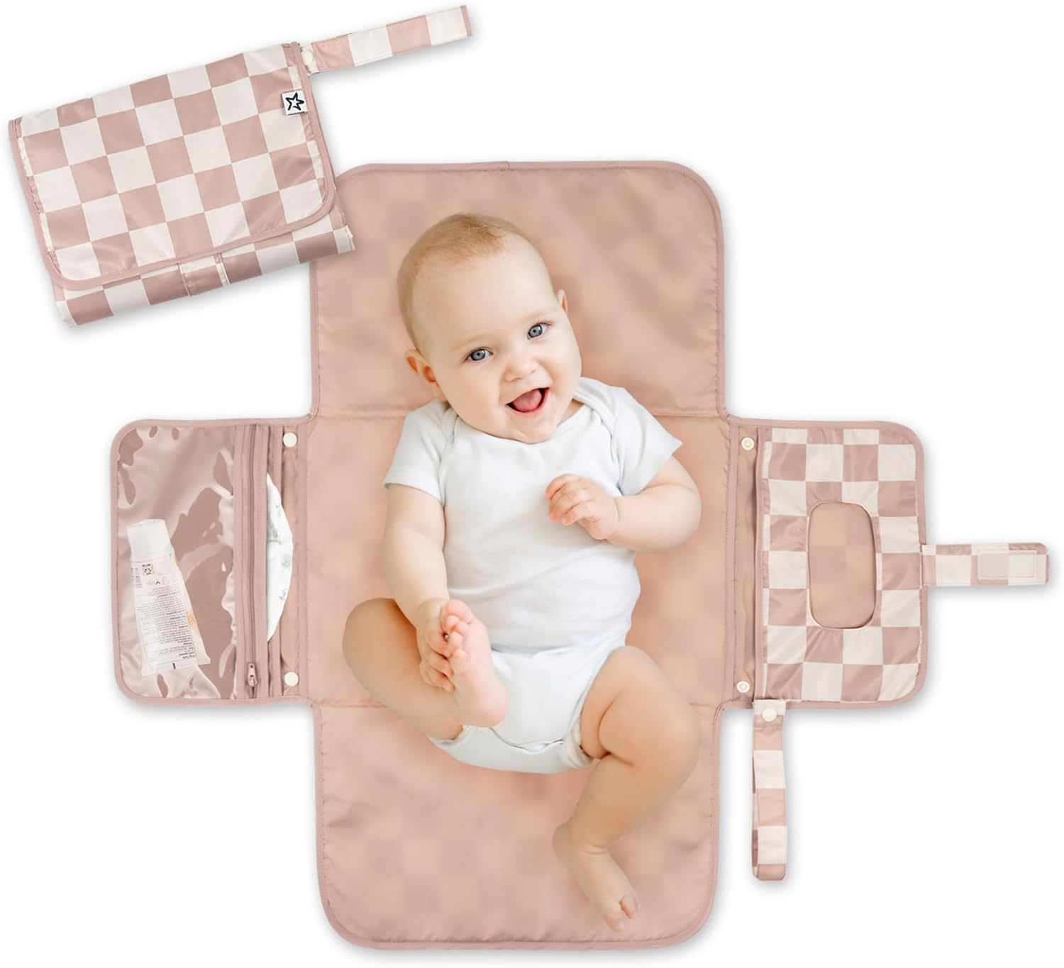 Tiny Twinkle Portable Diaper Changing Pad - Foldable Waterproof Diaper Changing Mat for Travel, Baby Changing Station with Smart Wipes Pocket & Storage (Beige Checkers)