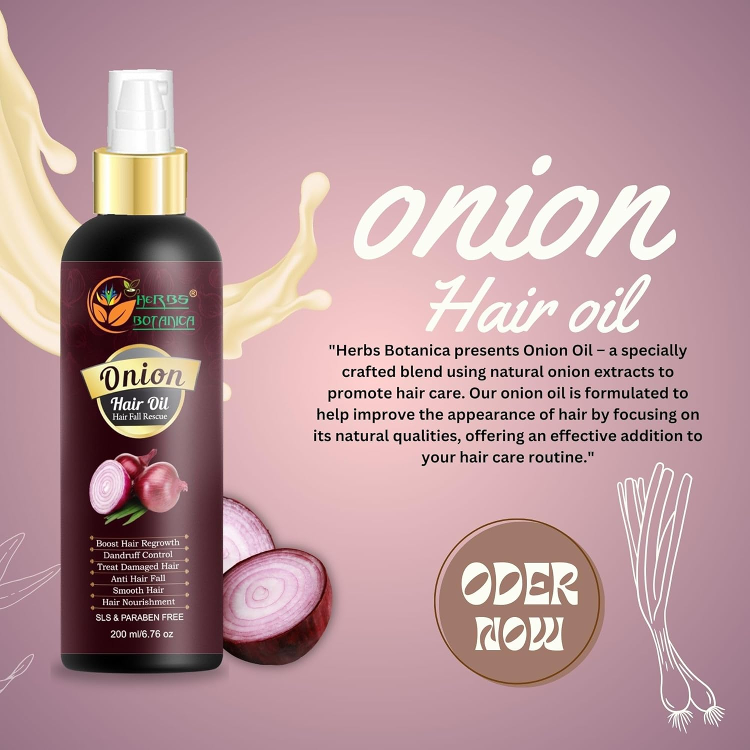 HERBS BOTANICA Red Onion Hair Oil with Black Seed Oil, Jojoba, Argan, Tea Tree, Sandalwood, Rose - Hair Growth Essentials and Hair Loss Control, 6.76 Fl Oz image number 2