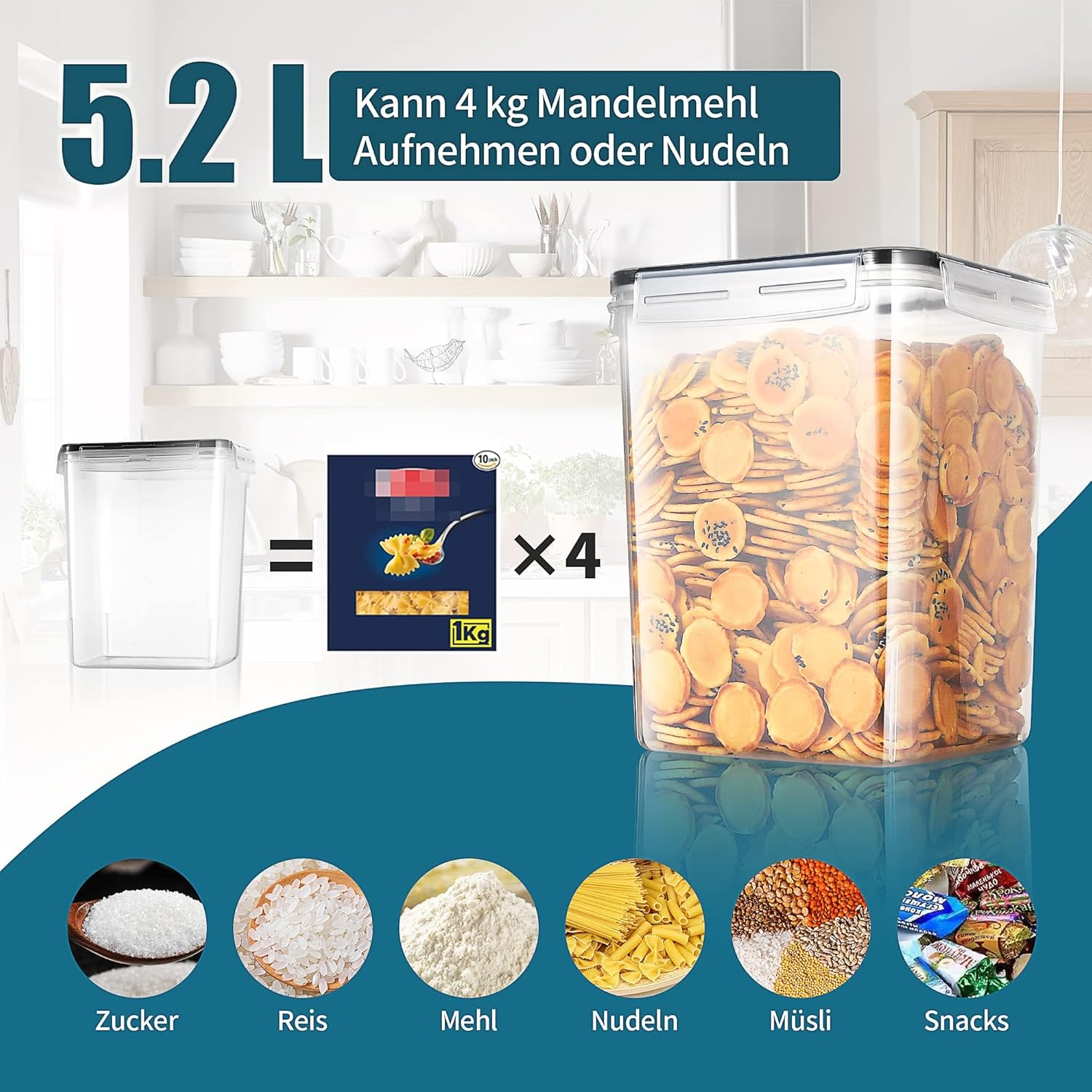 YOZOTI Large Airtight Food Storage Containers 5.2L / 176Oz, BPA Free, 4Pcs Pantry Kitchen Organization Set for Flour, Sugar, Baking Supplies, Plastic Flour Container with 20 Labels & Maker (5.2L*4)