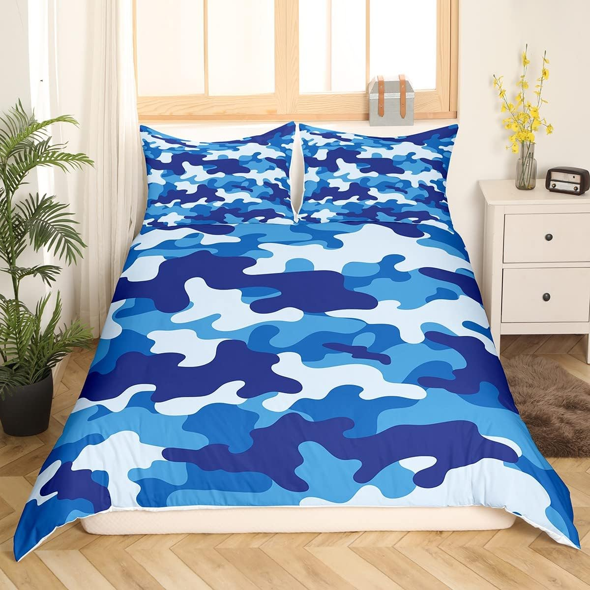 Manfei Navy Blue Camouflage Boys Duvet Cover Set S Size, Modern Army Camo Bedding Set Children Teens Adults White Blue Camo Comforter Cover Outdoor Sports Style Quilt Cover, 1 Pillowcase