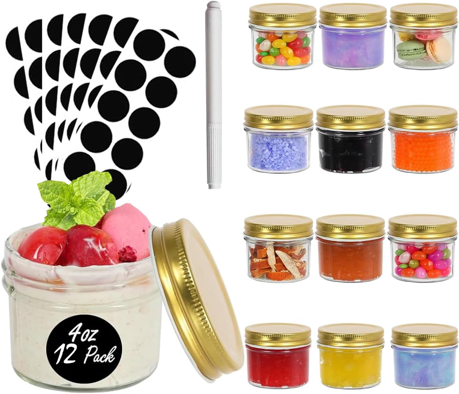 12 Pack 4 Oz Glass Jars with Golden Lids, Regular Mouth Mini Mason Jar, Canning Jars for Baby Food, Honey, Jam, Jelly, Wedding Favor, Shower Favor, Body Butters, Spice image number 1