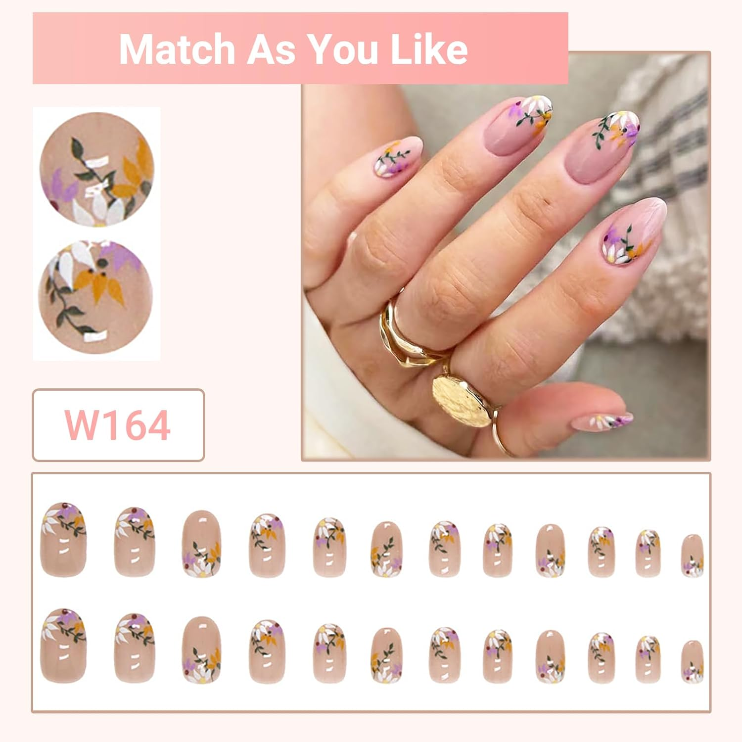24-Set Press on Nails Almond Medium French Tip Acrylic Fake Nails with Delicate Floral Designs Full Cover Reusable Almond False Nails Set, Nails Stick for Women image number 2