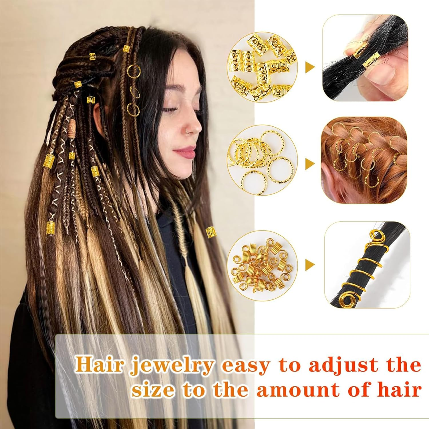 Tavvke 290 Pcs Gold Hair Braid Jewelry Set, Metal Braid Clips, Rings, Cuffs for Dreadlocks, Beards, Extensions and Styling, Hair Accessories for Men, Women, Unisex image number 6