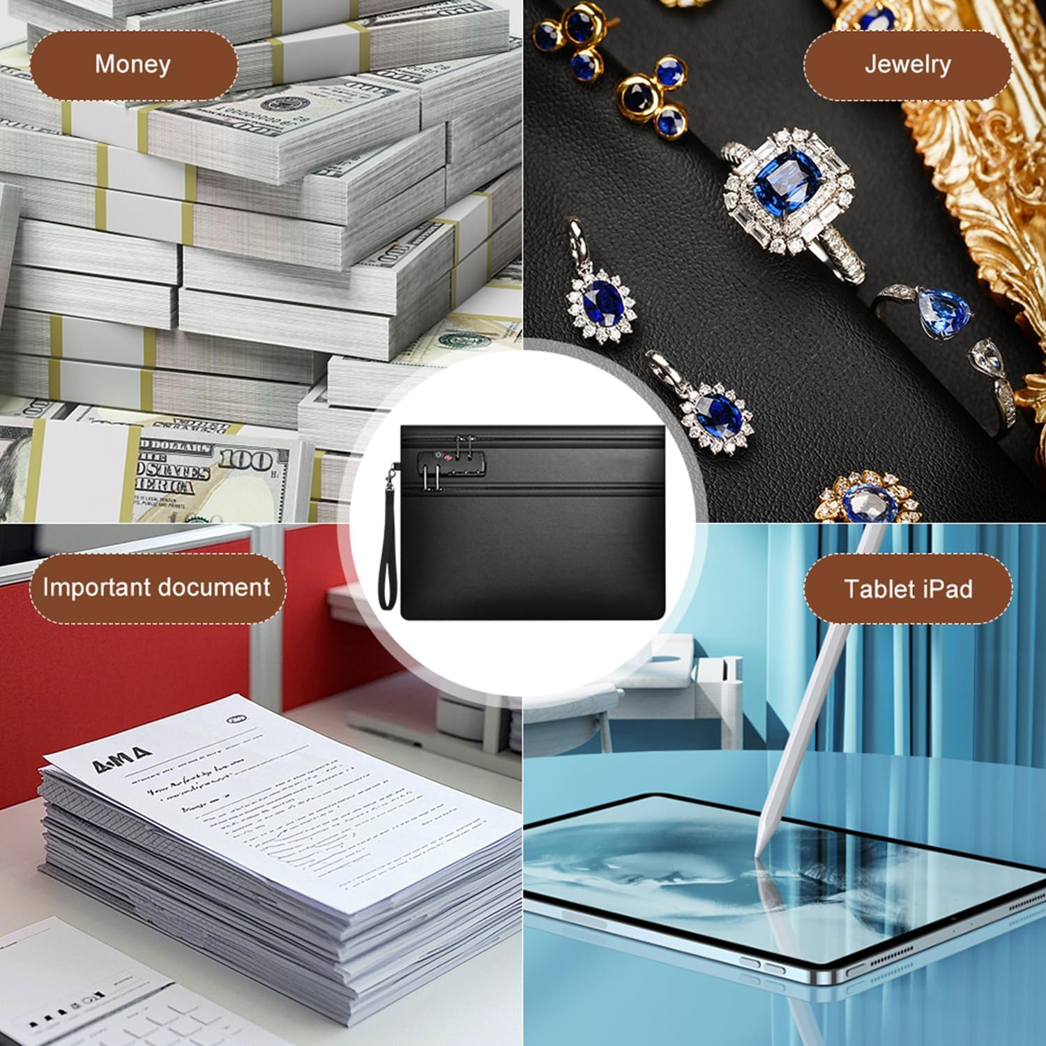 6400&deg;F Fireproof Document Bag with Lock (36 X 26 Cm), 12-Layer Thermal Insulation & Double Zip Compartment, Fireproof Bag & Wallet for Securing Cash, Passport, Jewels & Valuables image number 3