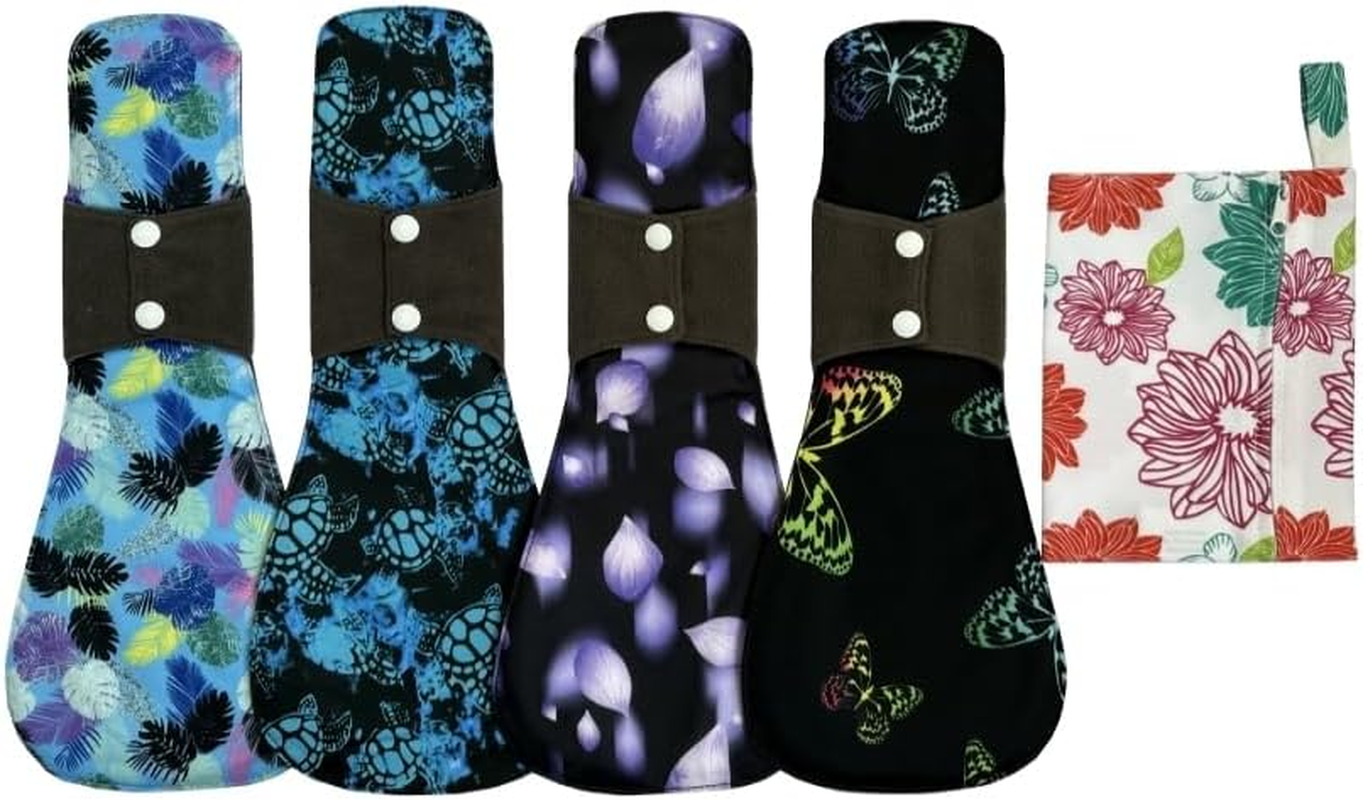 5Pcs Set 1Pcs Mini Wet Bag + 4 Pieces 14 Inch Overnight Charcoal Bamboo Mama Cloth/Menstrual Pads/Reusable Sanitary Pads (Flamingo)