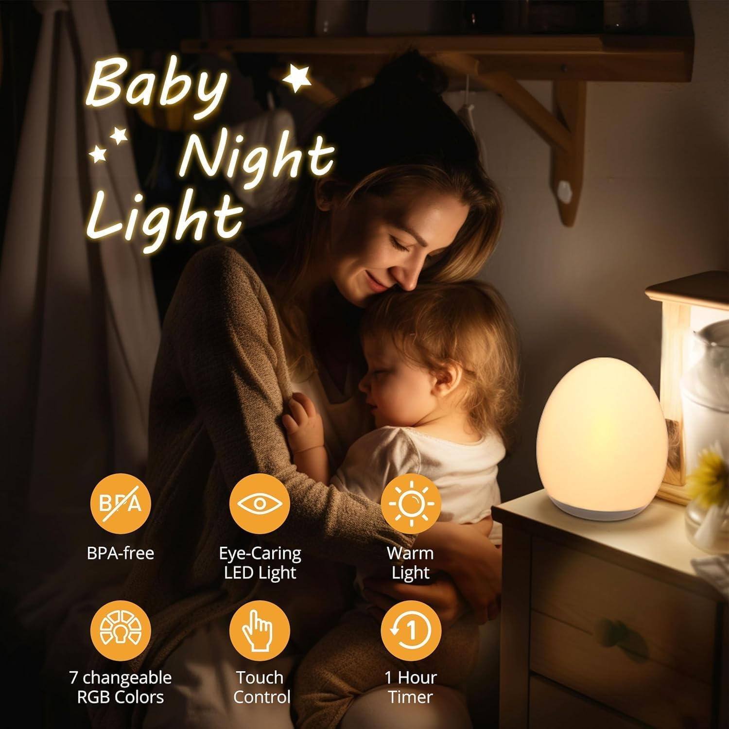 Night Light for Kids, Baby Night Light with 8 Colors Changing & Dimming Function, Rechargeable Night Light with 1 Hour Timer & Touch Control, up to 100H image number 3