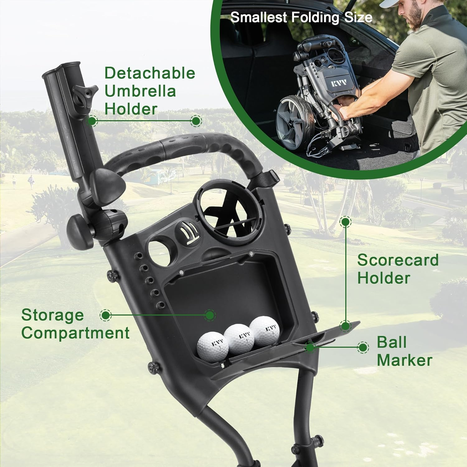 KVV 3 Wheel Foldable Golf Push Cart Ultra Lightweight Smallest Folding Size, New-Version Scorecard Holder