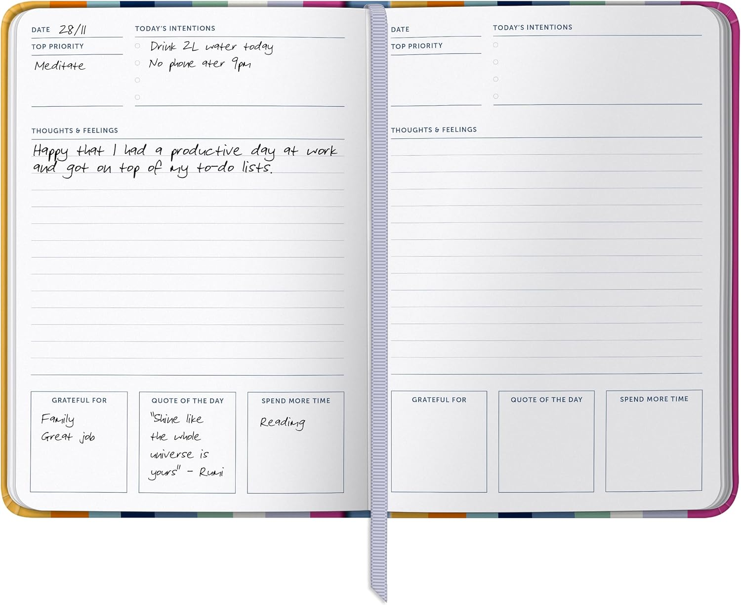 Busy B Wellness Journal - Stripe Cover - Compact Journal for Prioritising Self Care - A5 Undated Day a Page Layout, Space to Track Daily Priorities, Intentions, Thoughts, Notes & Elastic Closure Band image number 6