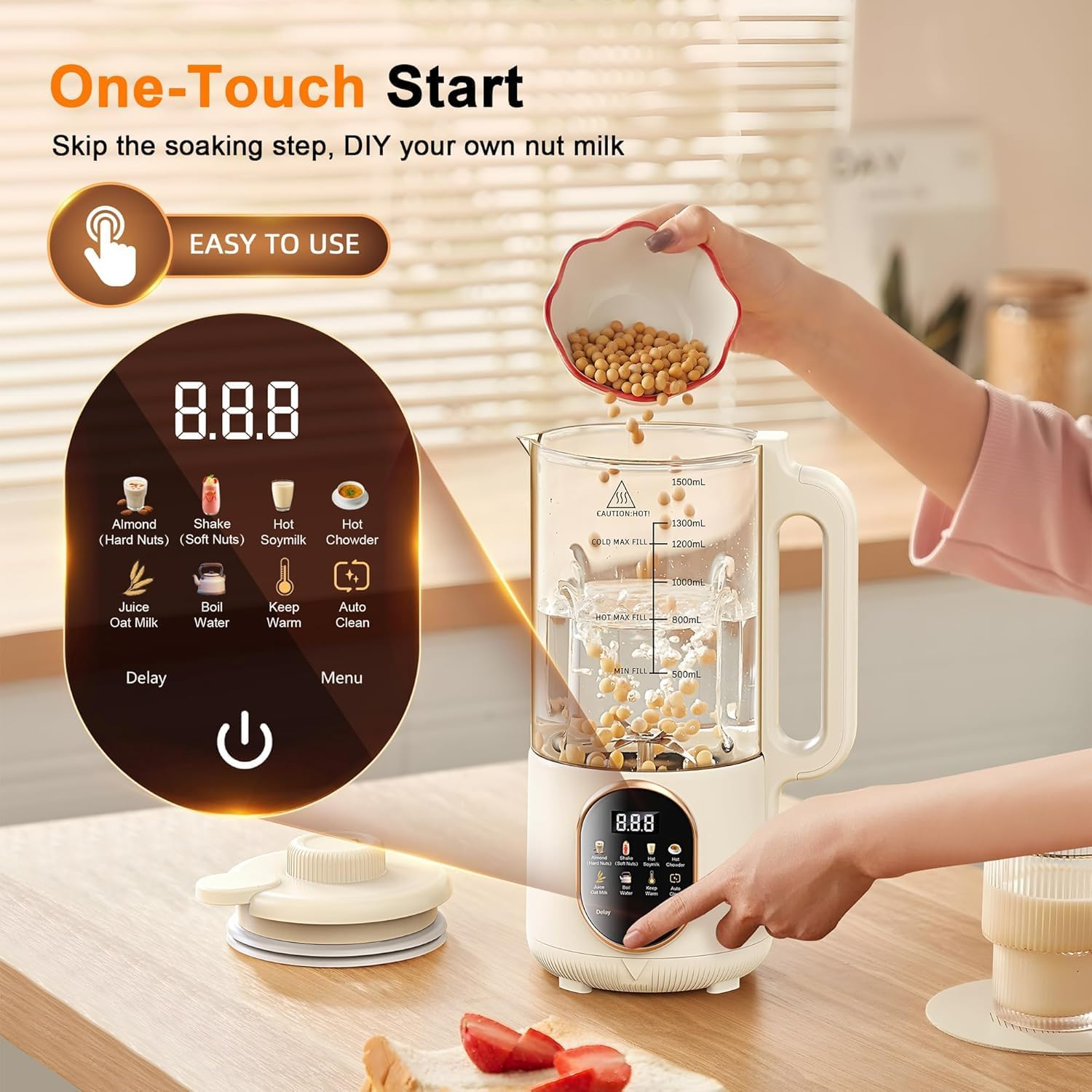 1500Ml Automatic Nut Milk Maker 20 Blades for Almond Oat Soy 10 in 1 Milk Plant Based Milks Chowder Juice with Delay Start Boil Water Keep Warm Auto Clean image number 3