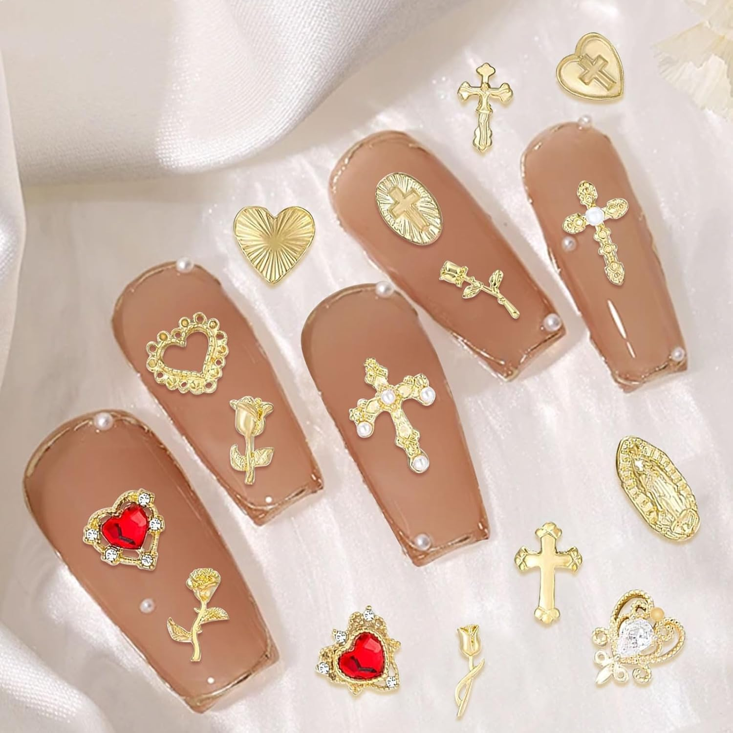 Gold Nail Charms 80 Pieces Cross Rose Heart Virgin Mary Nail Accessories Alloy Nail Accessories for Manicure Design Decorations DIY Crafts image number 4