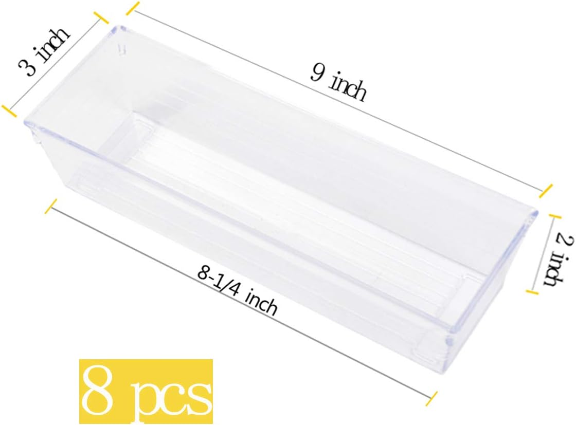 Backerysupply Clear Plastic Drawer Organizer Tray for Vanity Cabinet (9"&times;3"&times;2"，Set of 8),Storage Tray for Makeup, Kitchen Utensils, Jewelries, and Gadgets image number 6