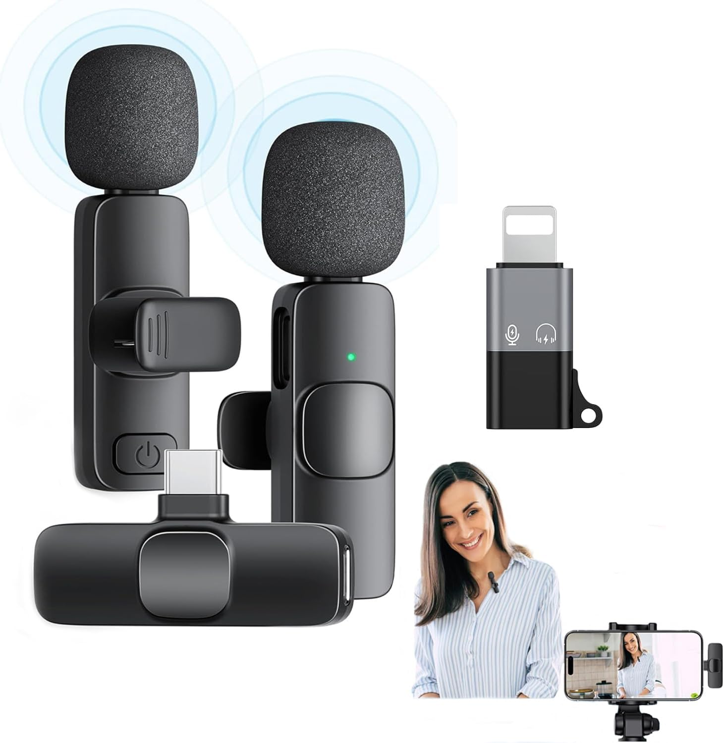 Aoiutrn Wireless Lavalier Microphone for Iphone and USB C, 2 in 1 Mini Clip-On Wireless Lapel Mics Compatible with Iphone,Ipad, Android for Video Recording,Youtube, Interview, Tiktok, Vlog image number 5