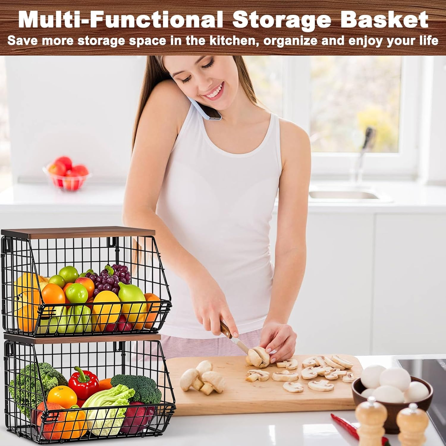 Dinhauyon Vegetable and Fruit Storage, Fruit Basket, Stackable Fruit Holder with Wooden Lid, Kitchen Countertop Rack, Wall Mounted Storage Baskets for Vegetables Fruit Bread Snacks image number 1