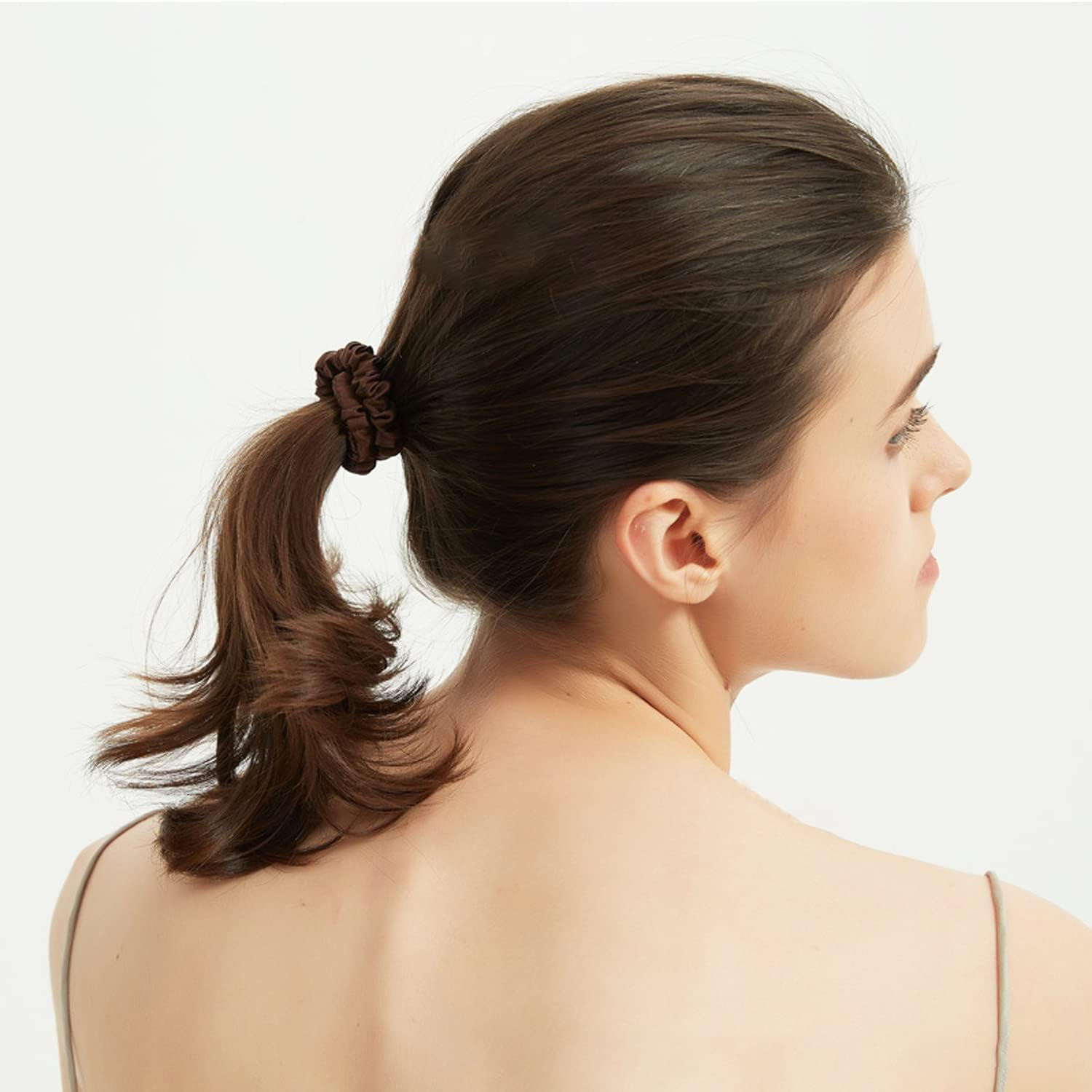 Silk Scrunchie, 100% Pure Mulberry Silk Scrunchie Small Slim Hair Tie for Women Silk Scrunchies for Thin Thick Curly Hair Luxurious Elastic Scrunchies Set (4 Scrunchies, 2Black+1Coffee+1Beige) image number 5