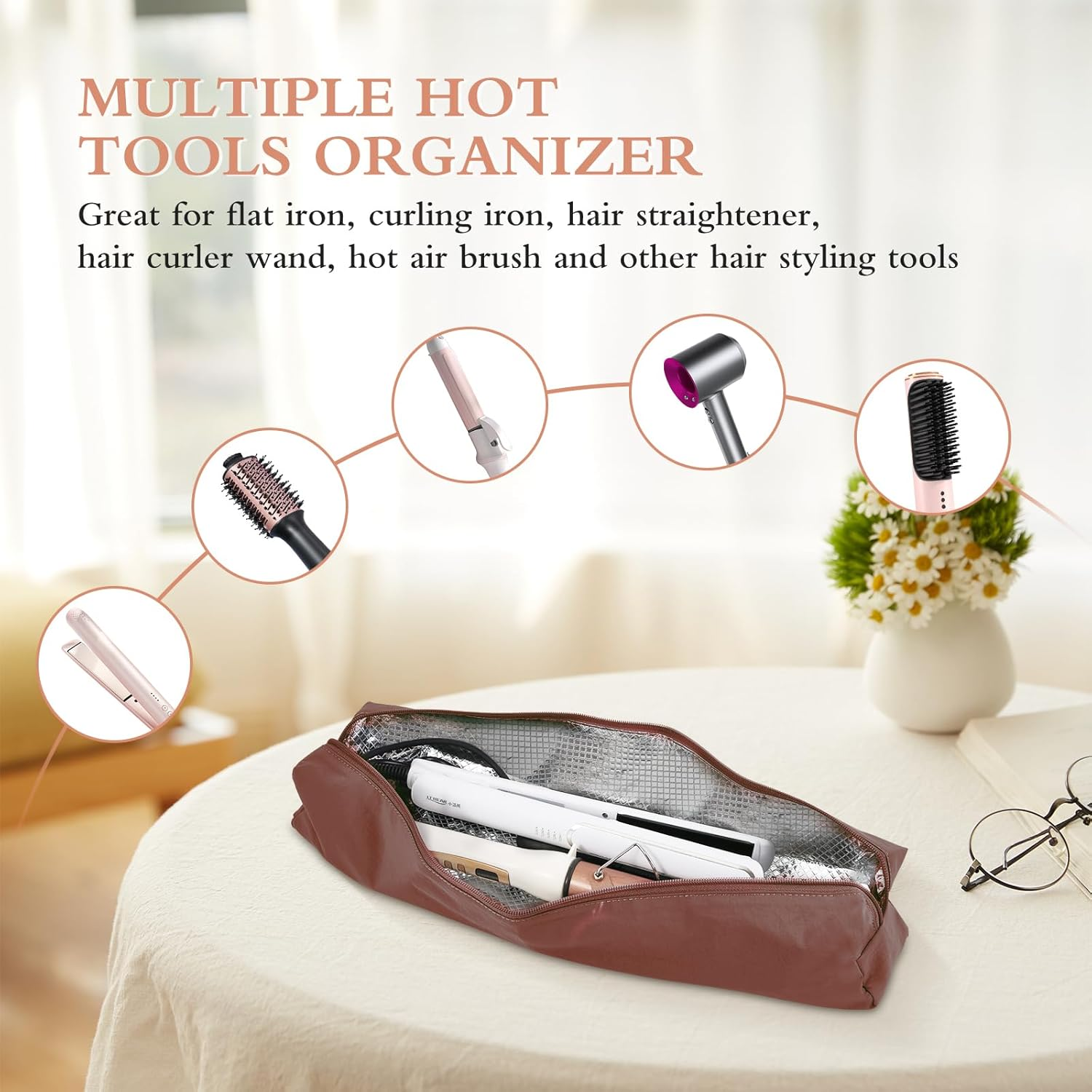 Suafrnut Hair Tools Travel Organizer Bag Portable Heat Resistant Storage Case Pouch for Curling Irons, Flat Irons, Hair Straightener, Hot Air Brush and Hair Styling Tools(17.7" X 3.2" X 3.2") image number 1