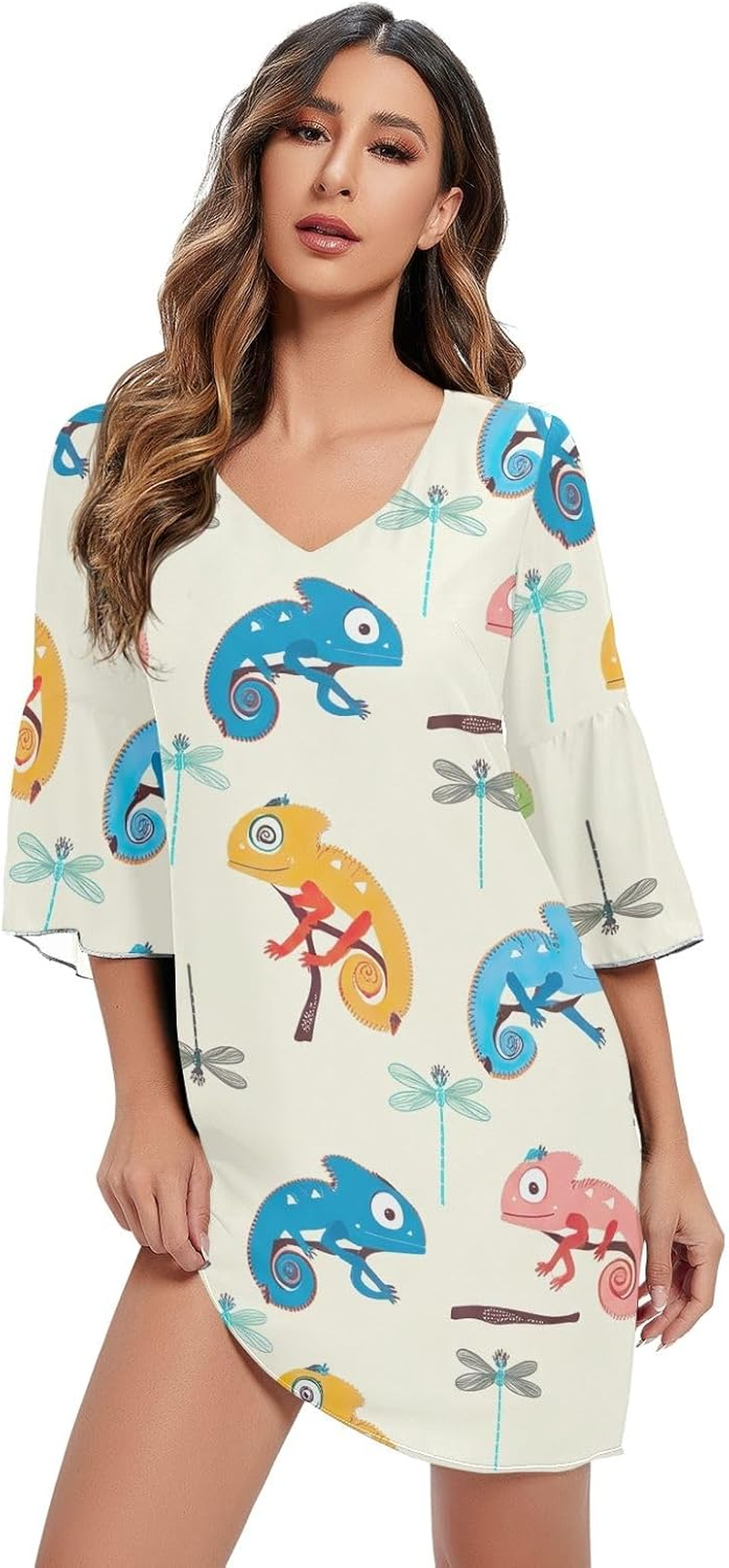 Colorful Chameleons Dragonflies Cream Western a Line Dress Printed Line Maternity Dress S-XXL image number 5