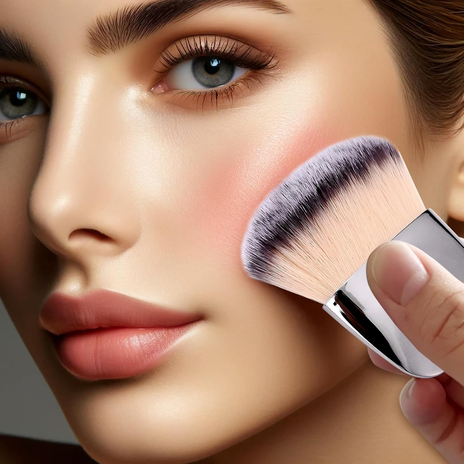 Jaasuee Makeup Brushes Set, Mini Multi-Functional Loose Powder and Blush Brush, Portable Soft Hair Beauty Tool (Silver)