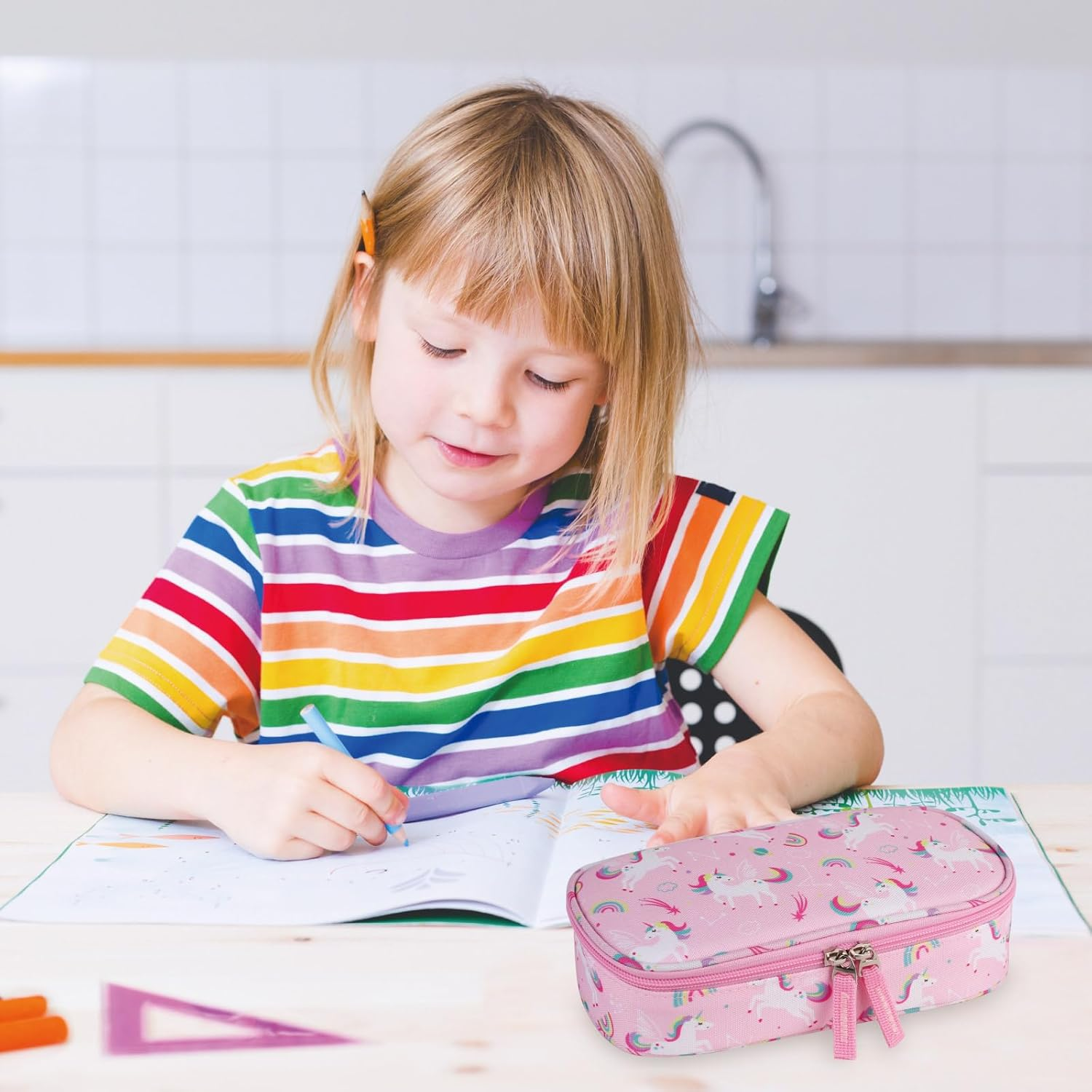 Pencil Case for Girls,Large Capacity Multi-Slot Kids Mark Pouch, Adult Big Pencil Bag with Zipper, Teens Large Storage Pencil Box for School College Middle School Office(Pink,Unicorns) - Blue,Unicorns image number 6