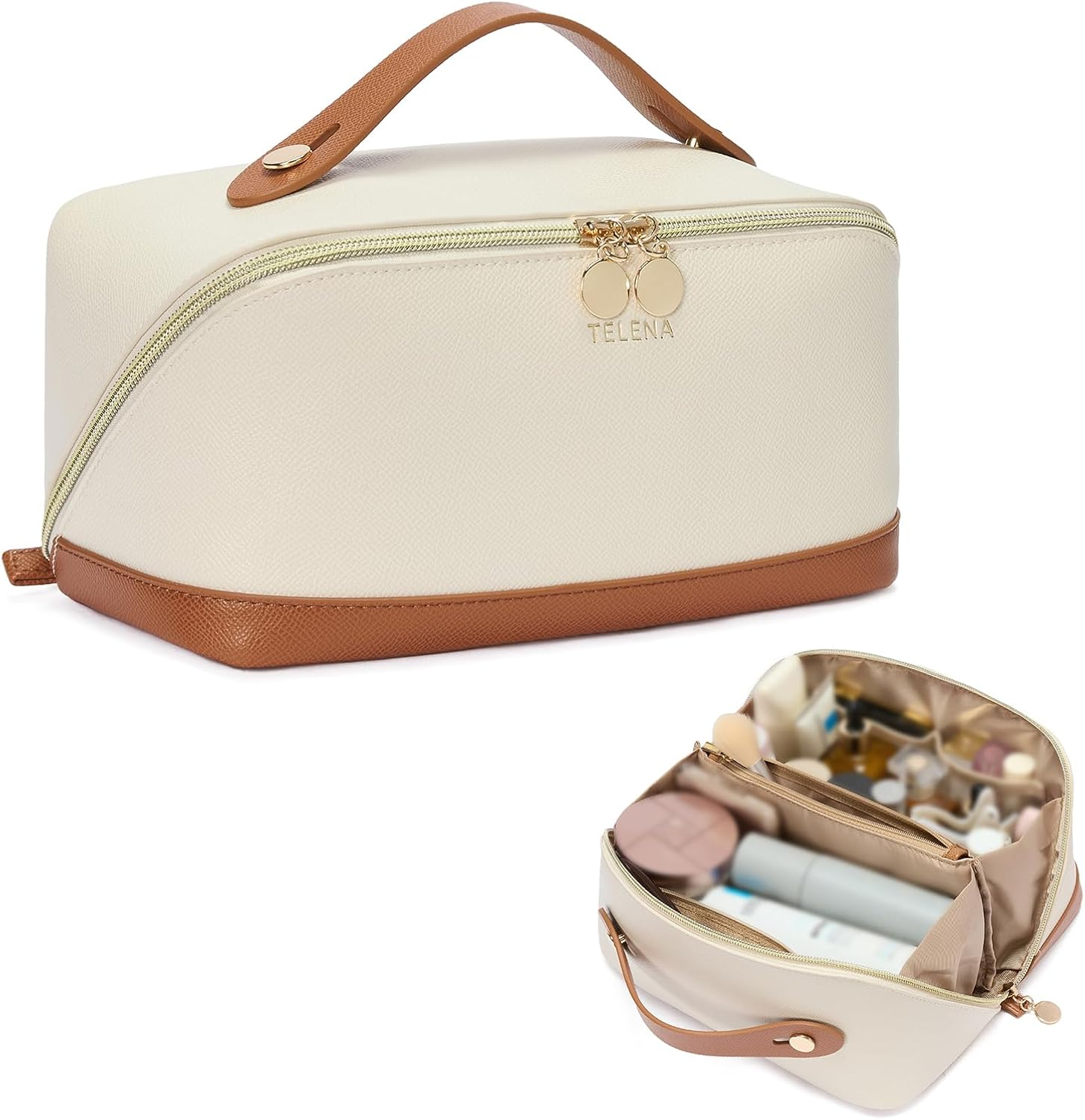 DDPOND Makeup Bag Large Capacity Travel Cosmetic Portable PU Leather Water Resistant Organizer Bags for Women with Handle and Divider Open Flat Beige with Brown