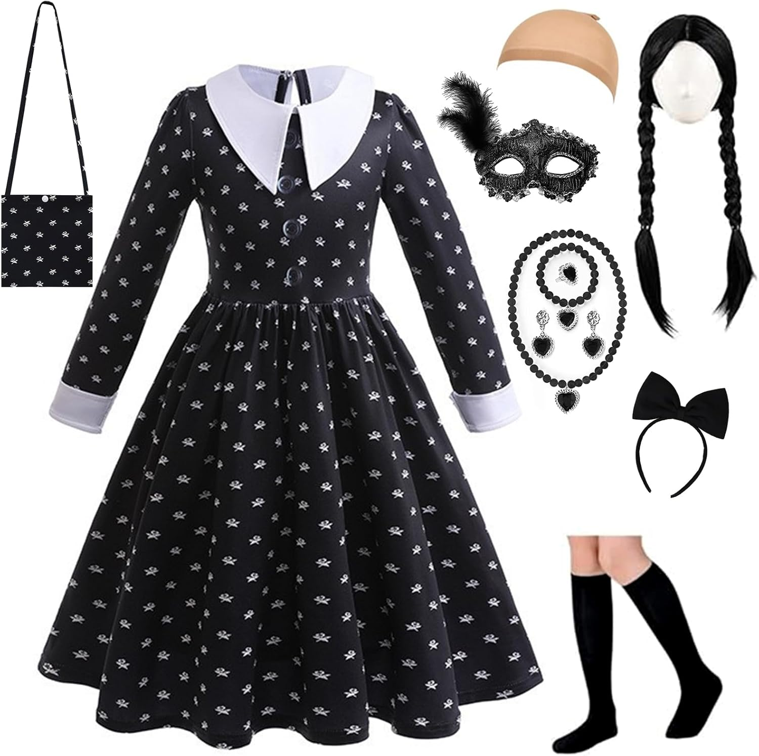 LIODUX 11 Pack Wednesday Black Costume, Wednesday Girls Dress, Teens Black Family Costumes, Girls Halloween Costumes Perfect for Halloween, Cosplay, and Parties image number 6