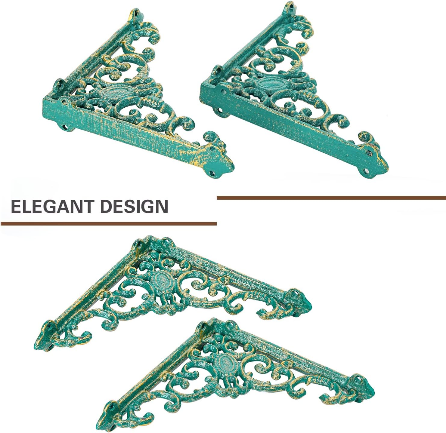 Sungmor Vintage Cast Iron Shelf Brackets - Ornate Decorative Corner Shelf Supports, 2 Pack Garden Wall Hanging Bracket - 7.7 Inch Rustic Green Metal Corbels with Scroll Design, Indoor Outdoor Use image number 2
