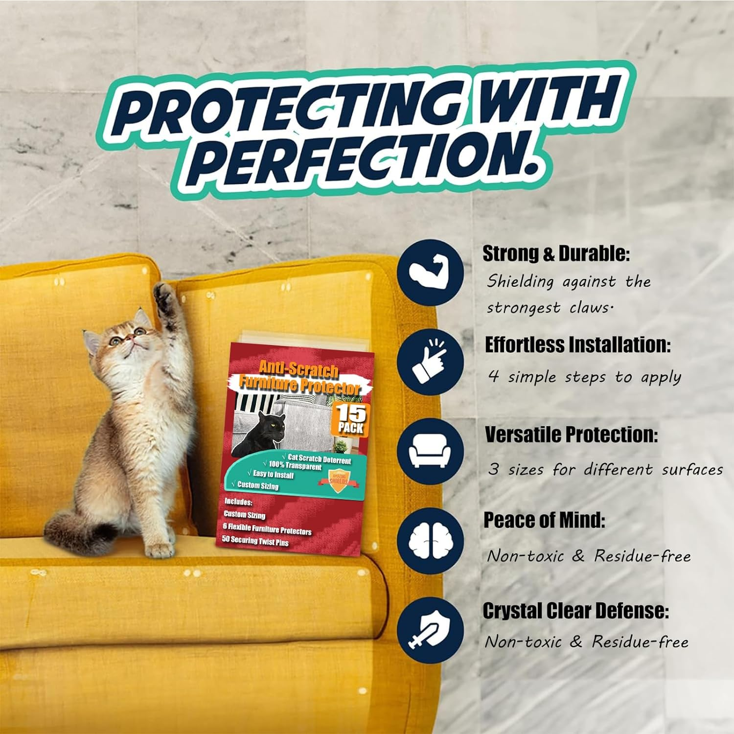 Cat Scratch Furniture Protector - Pack of 15, Adhesive Clear Cat Training Couch Protector - Plastic, Used as a Heavy-Duty Scratch Resistant Cat Protector for Sofas and Doors image number 4