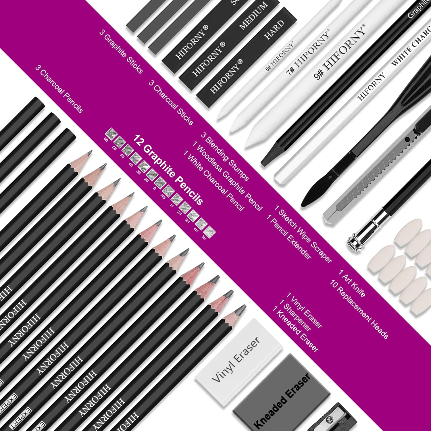 HIFORNY 42 PCS Drawing Set, Sketching Kit with Graphite & Charcoal Pencils, Blending Tools, Erasers & Accessories, Portable Zippered Travel Case for Artists & Beginners image number 5