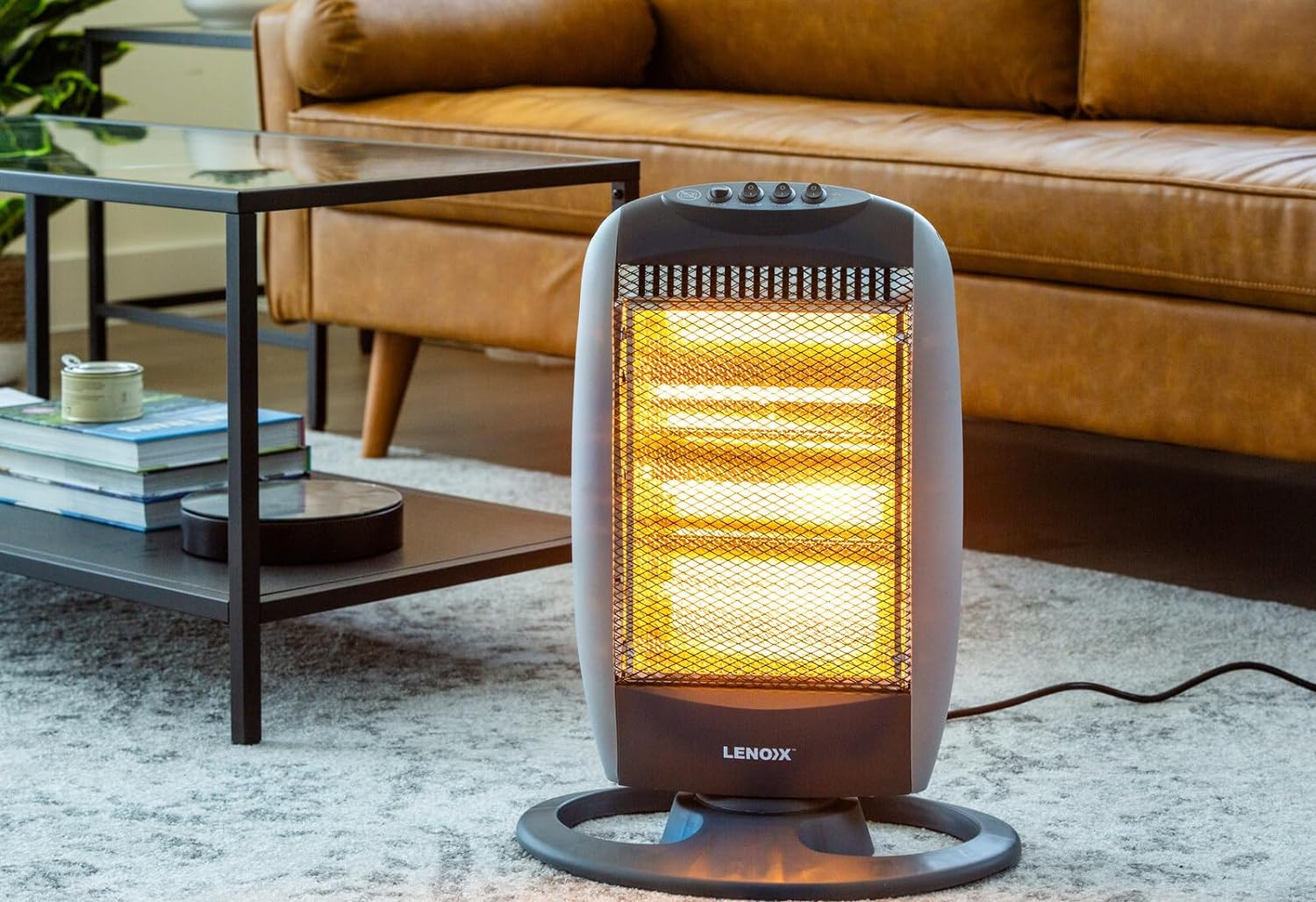 Lenoxx 1200W Halogen Heater: 3 Heat Settings, Wide Angle Oscillation, Tip-Over Protection, 3 Separate Halogen Tubes, Built-In Carry Handle, Household Essentials - Grey
