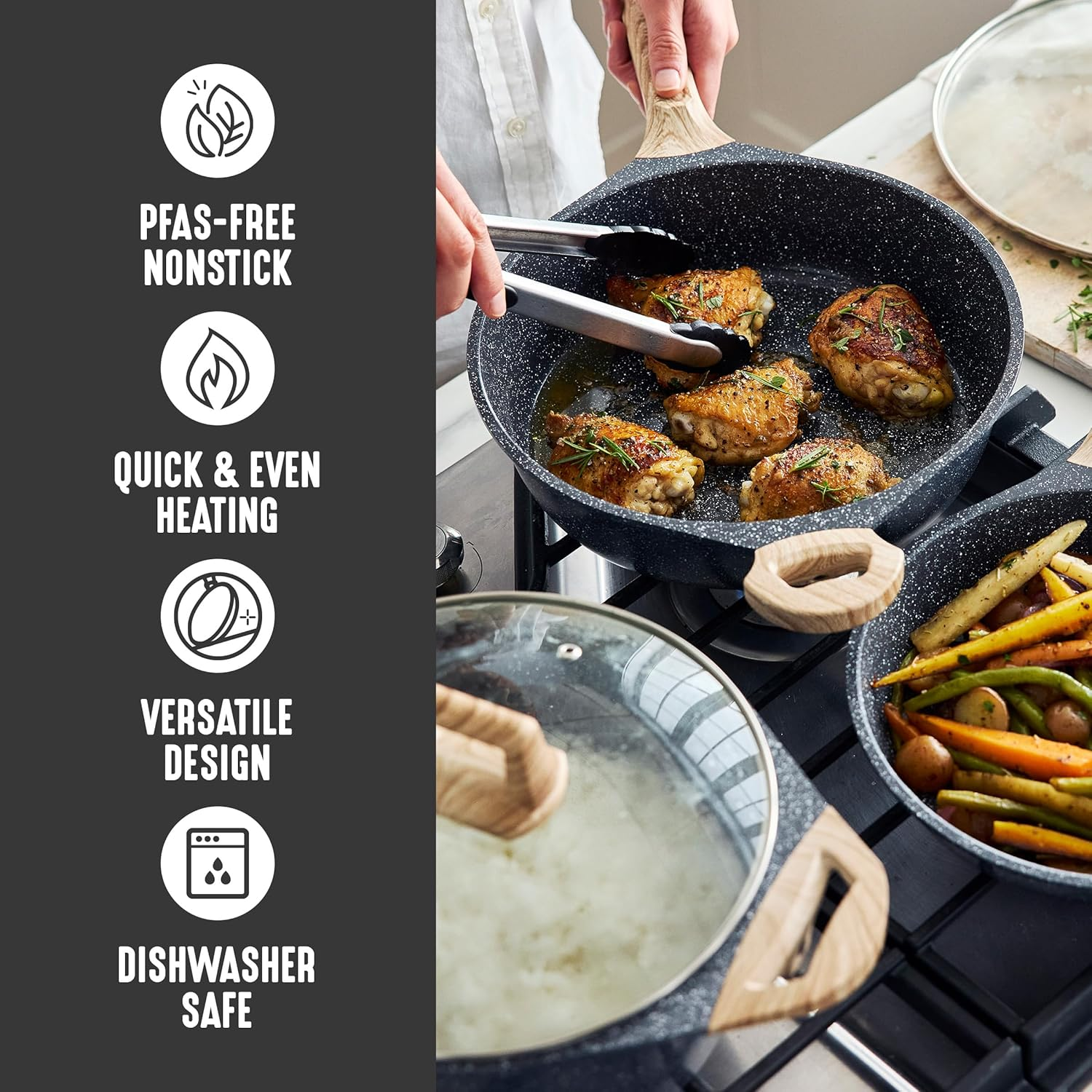 Greenlife 8 Piece Ceramic Nonstick Cookware Set, Induction Suitable Non Toxic Pfas-Free Pots & Pans, Dishwasher Safe, Cooking Set, Stock Pot, Saucepans & Frying Pans, Kitchen Cooking, Granite Black - Speckled Black image number 4