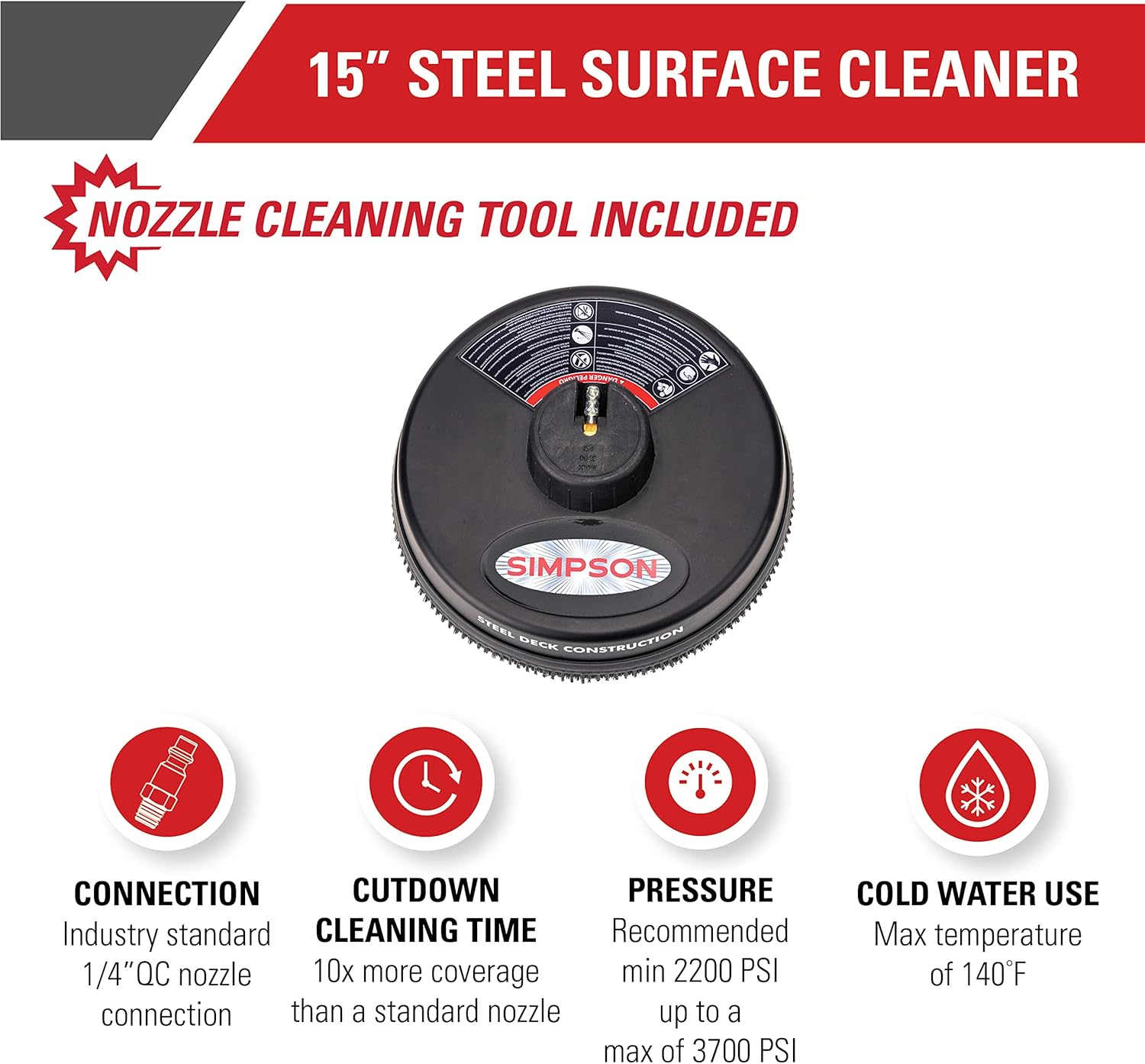 Simpson Cleaning 80165 Universal Scrubber, Rated 15" Steel Pressure Washer Surface Cleaner for Cold Water Machines, 1/4" Quick Connection, Recommended Min 3000 Max of 3700 PSI, Black image number 1