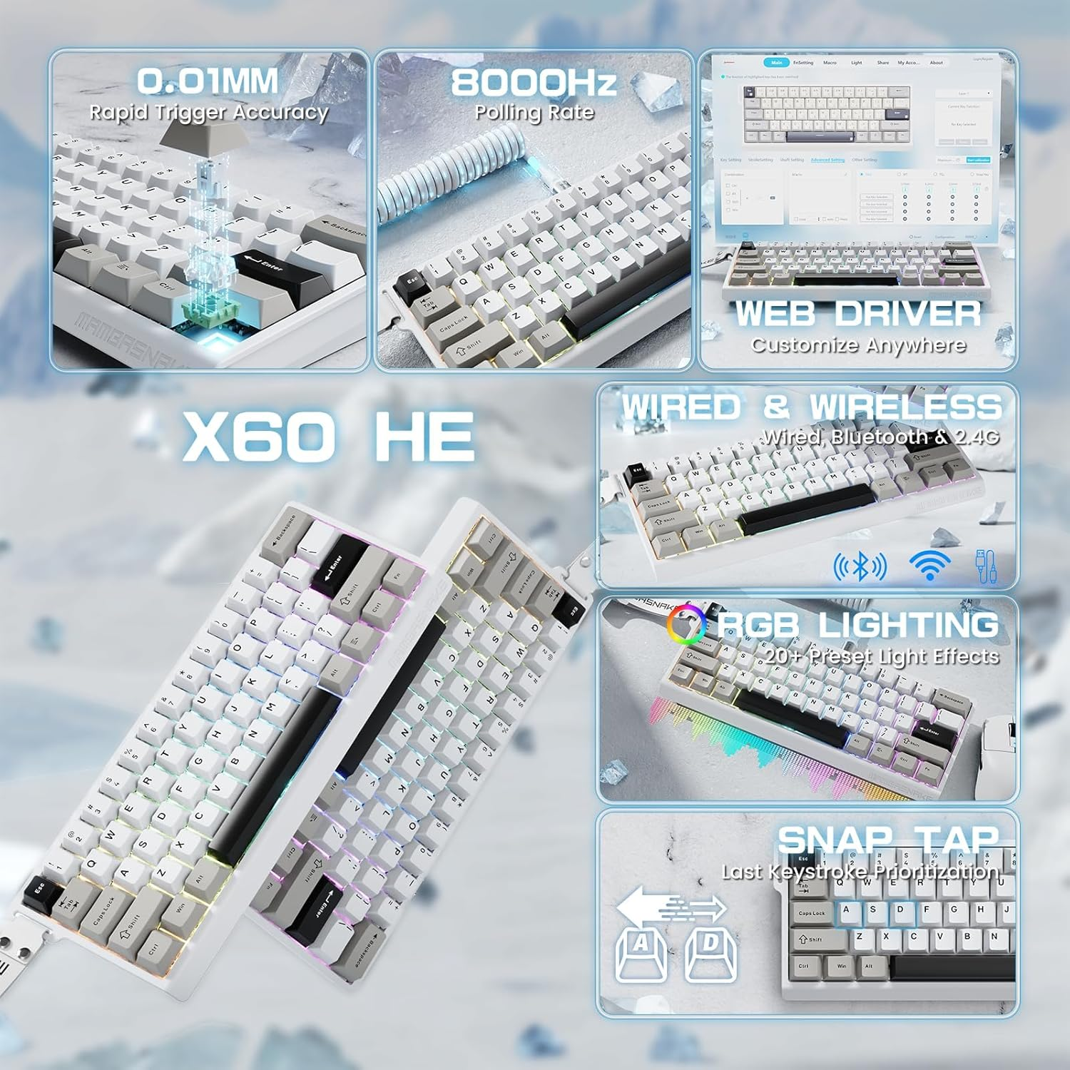 MAMBASNAKE X60 HE 60% Bt/2.4G/Wired Tri-Mode Gaming Keyboard Adjustable Actuation,Rapid Trigger Magnetic Switch Mechanical Keyboard,Rgb Backlit,8Khz Polling Rate with Coiled Cable for Pc/Mac-White image number 1