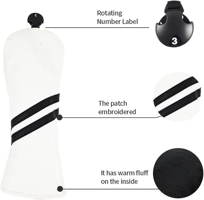 Scott Edward 3 Pcs Golf Club Covers PU Golf Club Protector Fit Well Driver and Fairway Wood Fit Most Golf Clubs Black White Stripes image number 1