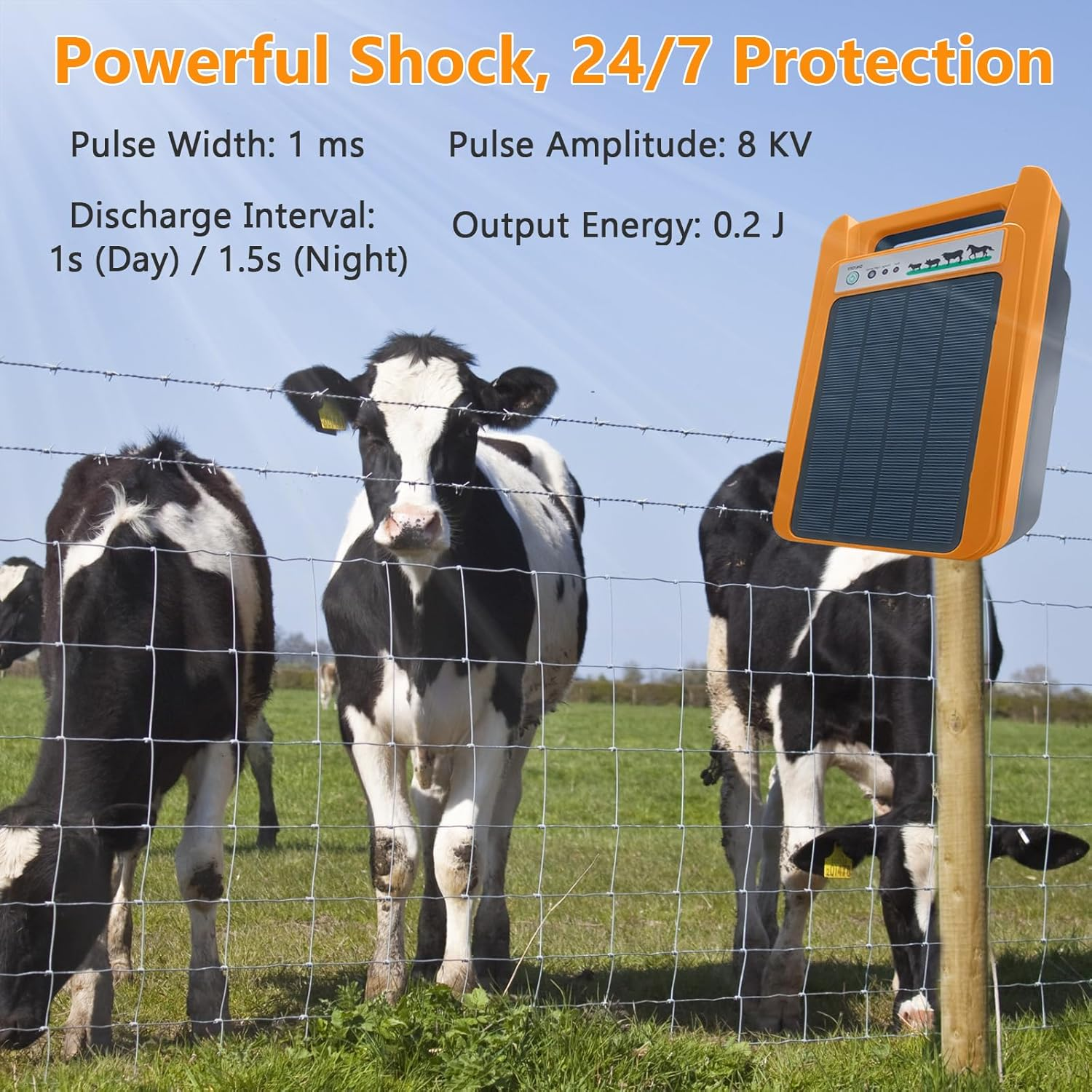 Solar Electric Fence Charger, 0.2J 8000V Solar Powered Fence Charger with Day/Night Mode, 24-Hour Uninterrupted Protection for Livestock, Poultry & Garden image number 1
