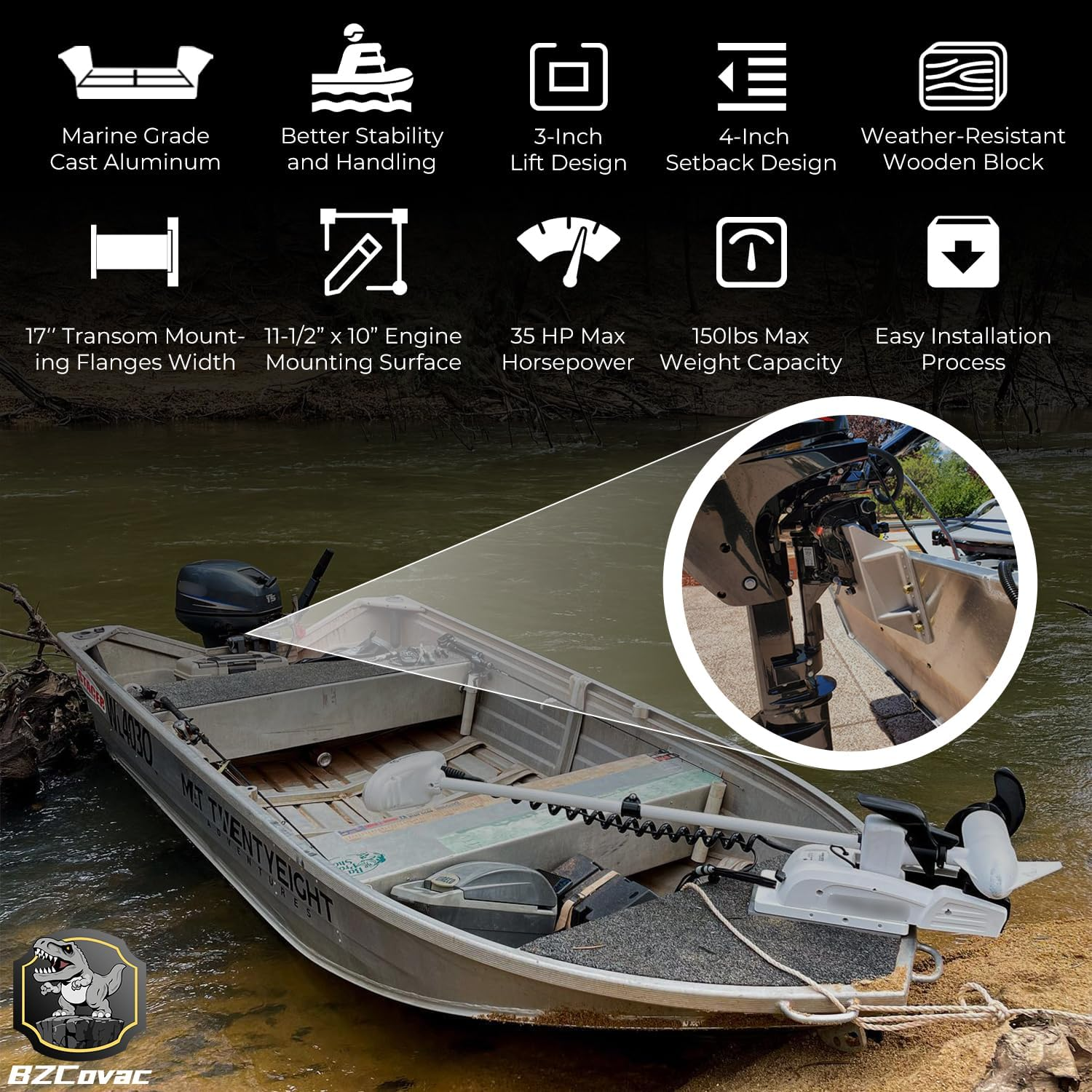 MJ-1-DP Mini Jack Plate with 4" Setback, Fits Outboard Motor up to 35 HP, Cast Aluminum with Mounting Wood image number 5