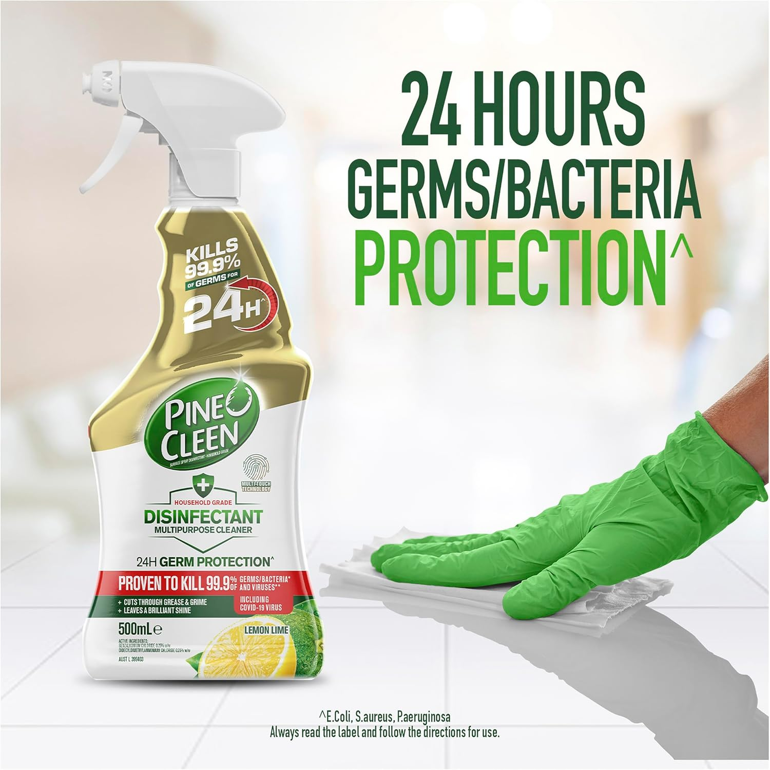 Pine O Cleen 24H Germ Protection Disinfectant Biodegradable Lemon Lime Multipurpose Cleaner 500 Ml (Pack of 2)