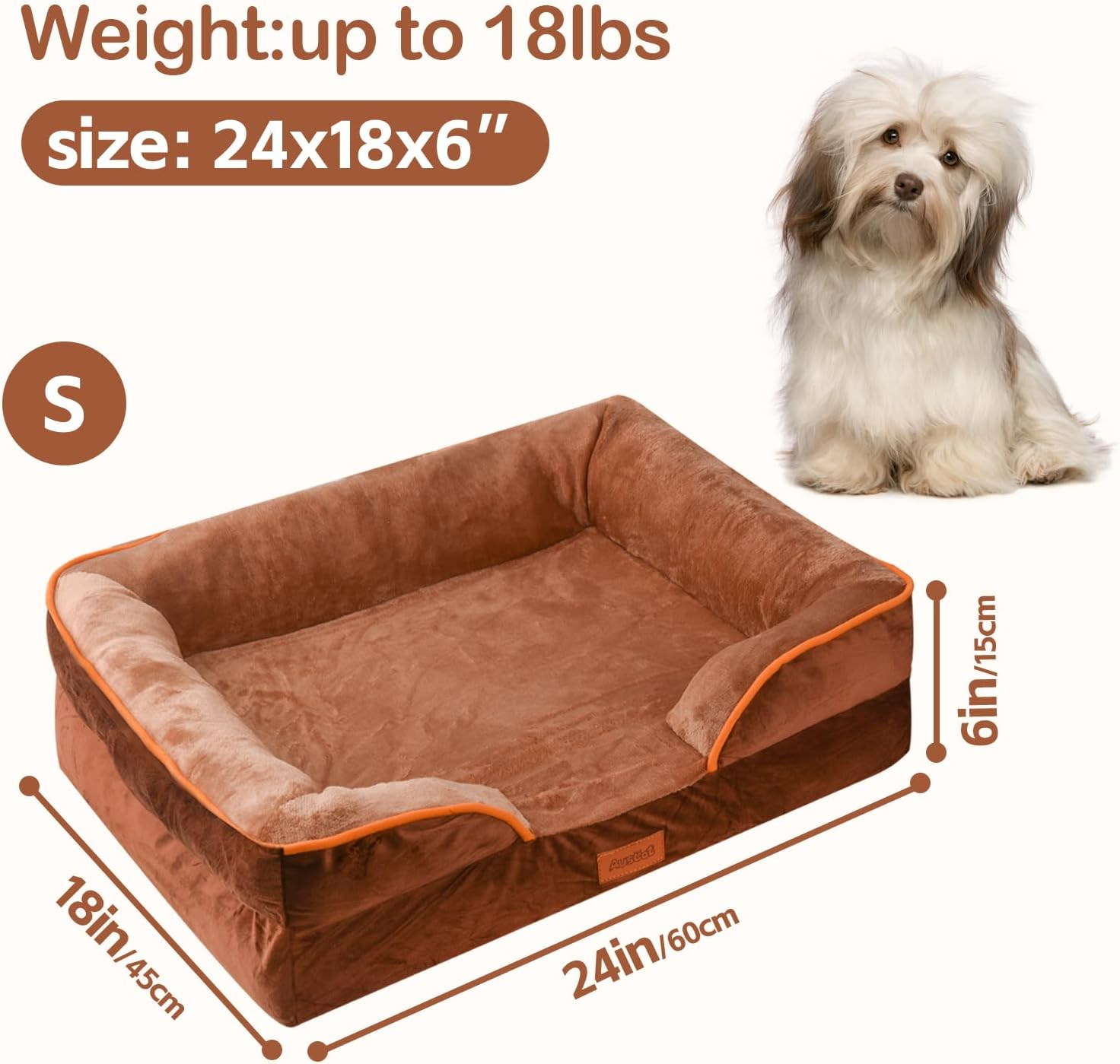 AUSCAT Dog Bed for Small Dogs -Foam Sofa, Waterproof Lining and Nonskid Bottom Couch (Brown) image number 6