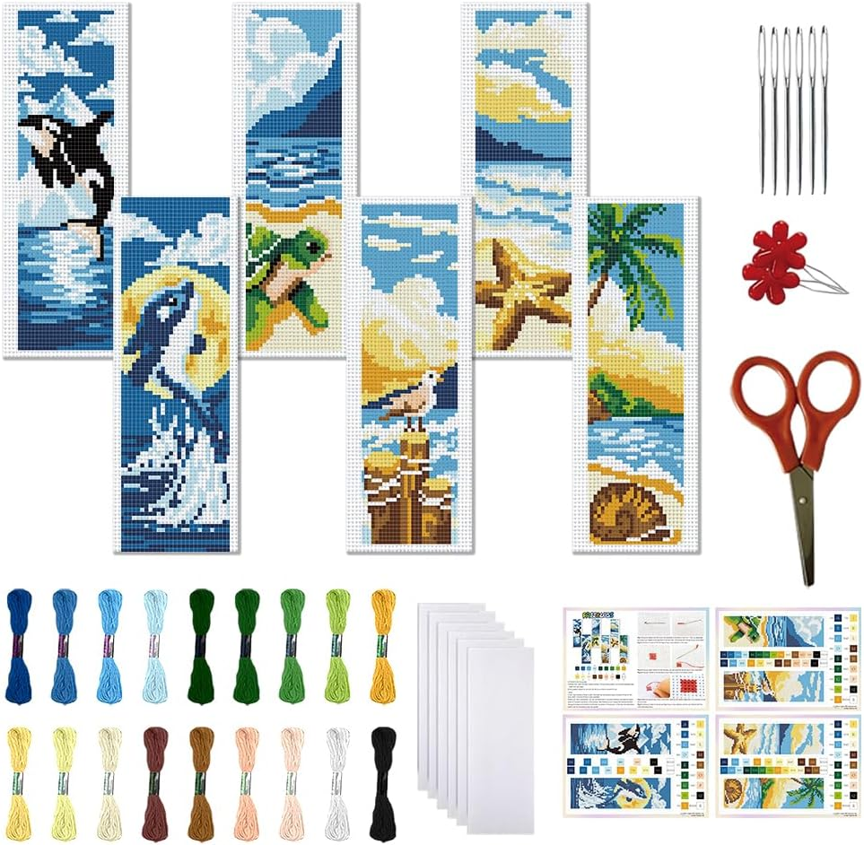 FREEBLOSS 6 Set Cross Stitch Bookmark Kit Stamped Cross Stitch Kit Black Cat Embroidery Set with Instruction for Adults 6X20Cm