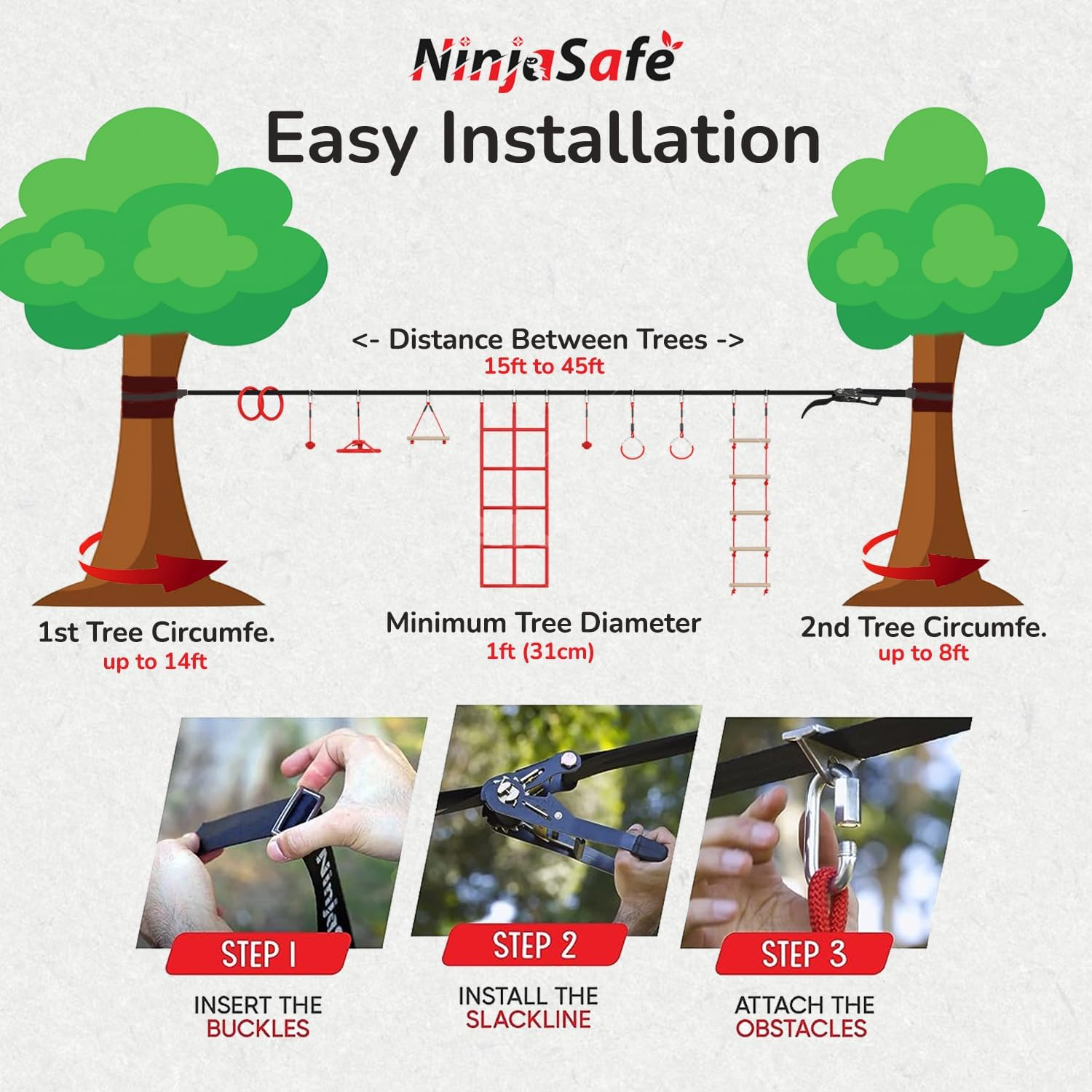 Ninja Obstacle Course for Kids Backyard - 10 Durable Obstacles and 50' Slackline - Outdoor Playset Equipment for Girls & Boys with Climbing Net image number 1