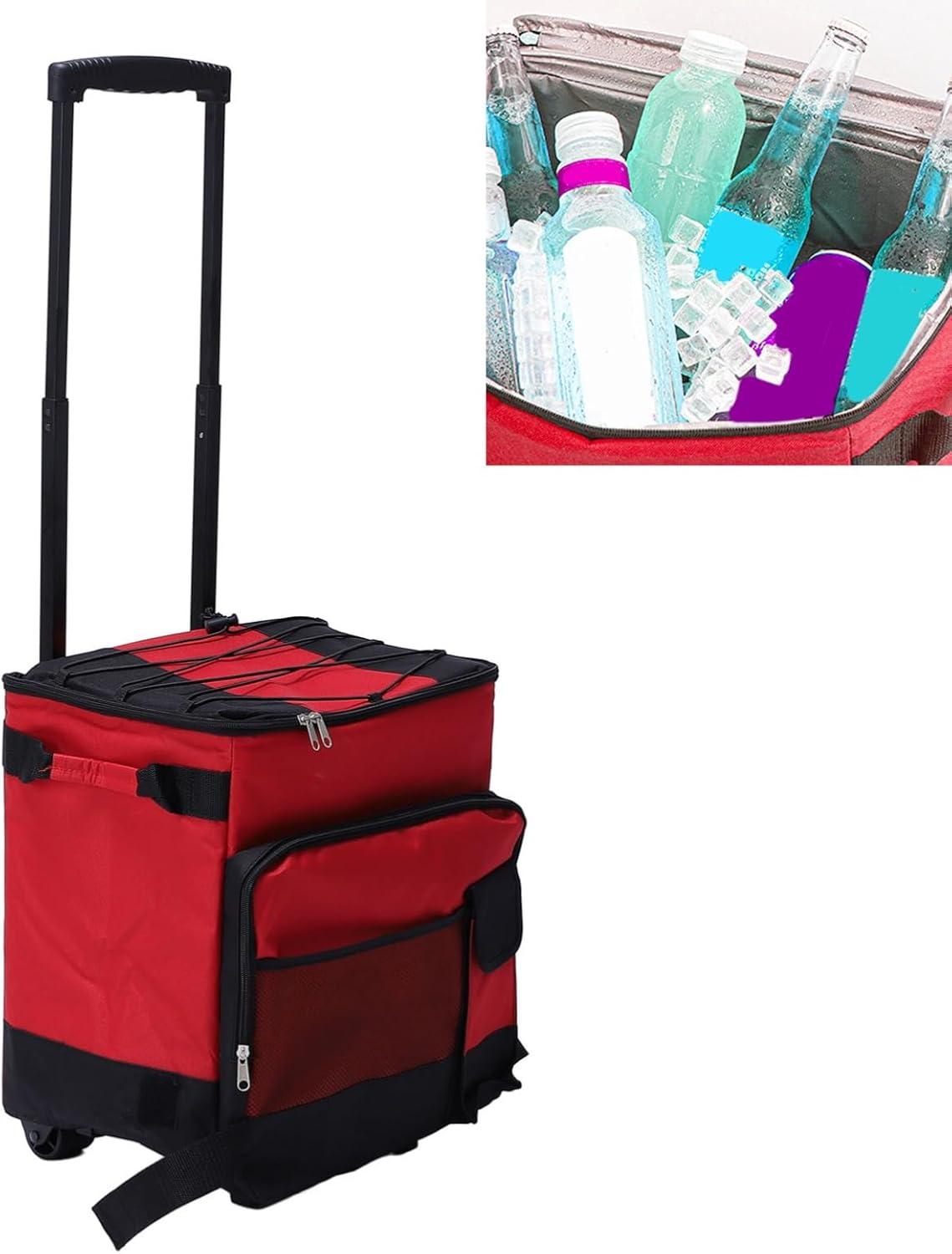 Rolling Cooler on Wheels 43L Large Capacity Waterproofing, Foldable Rolling Insulated Box All Terrain Wheels for Camping Picnic Red, Small Cooler with Wheels, Foldable Rolling Cooler Bag image number 2