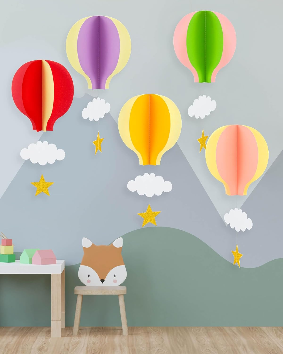 Vomika Colorful Fantasy Hot Air Balloon Hanging Paper Decorations Garland Pack of 5 Big Size with Clouds Stars for Kids Room, Baby Shower, Birthday Party, Wedding Part image number 1