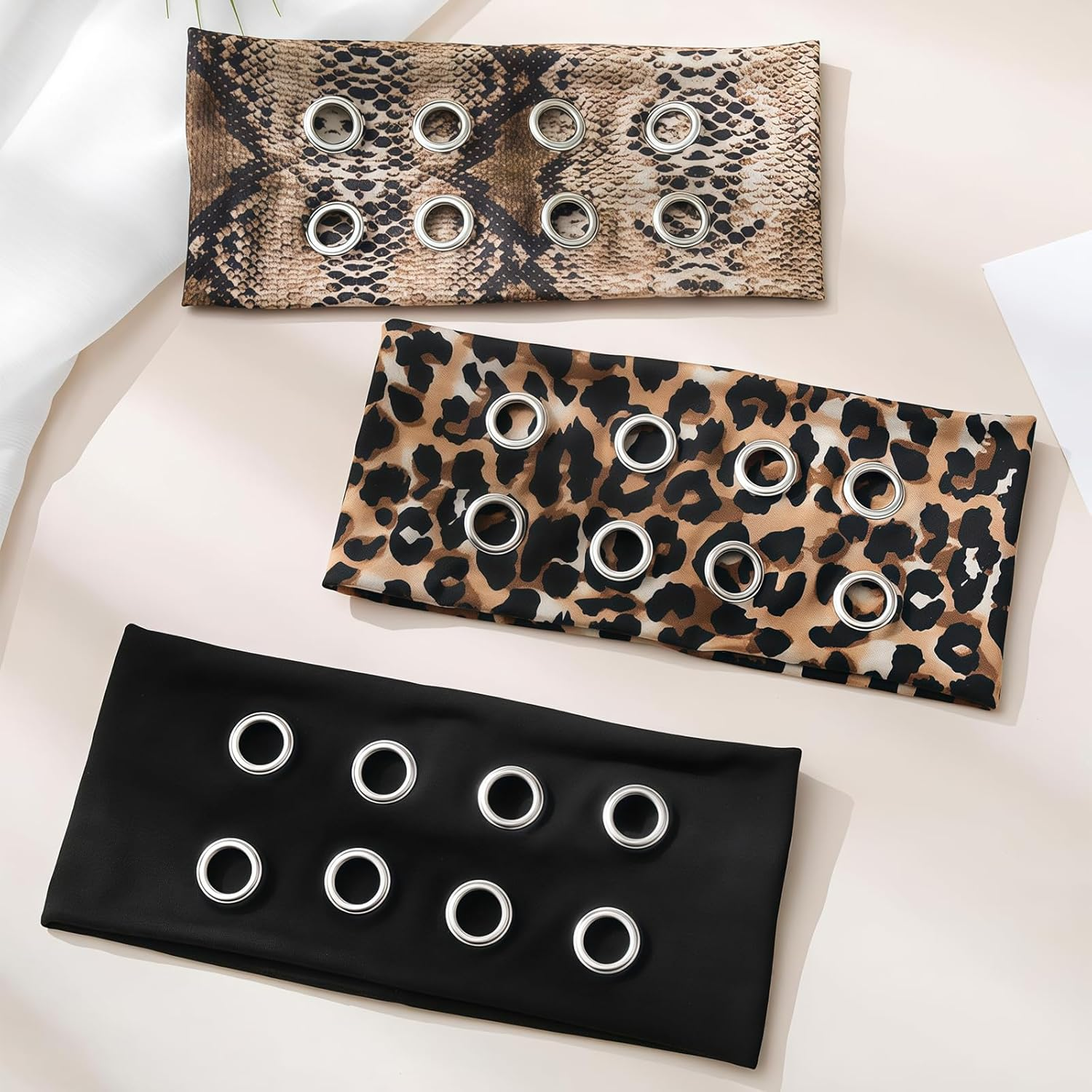 Vesavifaka 3 PCS Fashion Grommet Wide Headbands for Women, Hollow Out Eyelets Elastic Head Bands, Y2K Girls Punk Grunge Stretchy Hair Accessory (Black, Snakeskin, Leopard, 3.9" Wide) image number 4