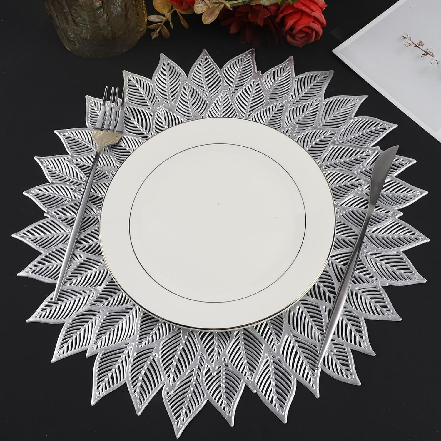 Placemats Set of 6, round Hollow Out Flowers Place Mats for Dining Table Pressed Vinyl Blooming Leaf Table Mats for Holiday Party Wedding Accent Centerpiece Dinner Table Decoration (Silver) image number 2