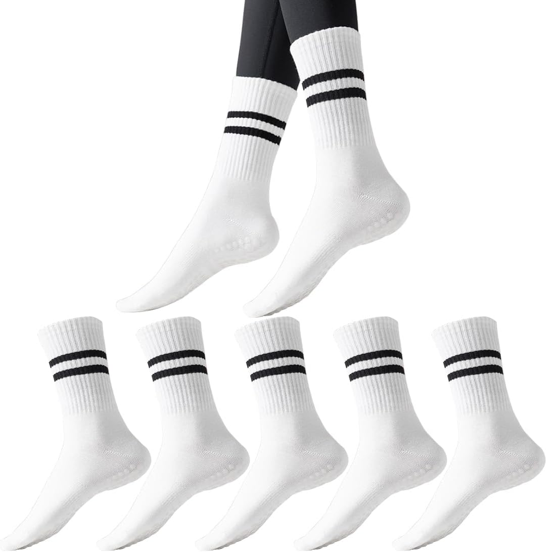 5 Pairs Grip Pilates Socks for Women, Non Slip Yoga Athletic Long Crew Socks for Barre Ballet Gym Workout - 5 Pairs (Multicolor) image number 4