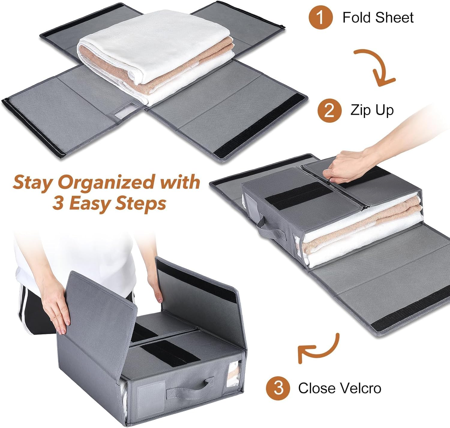 BDZBREN Bed Sheet Organizer and Storage 4 Pack (Queen or King Size), Linen Closet Organizer, Foldable Bedding Container for Duvet Cover Set, Clothes, Blankets and Pillow Cases, Dark Gray (Grey) image number 3