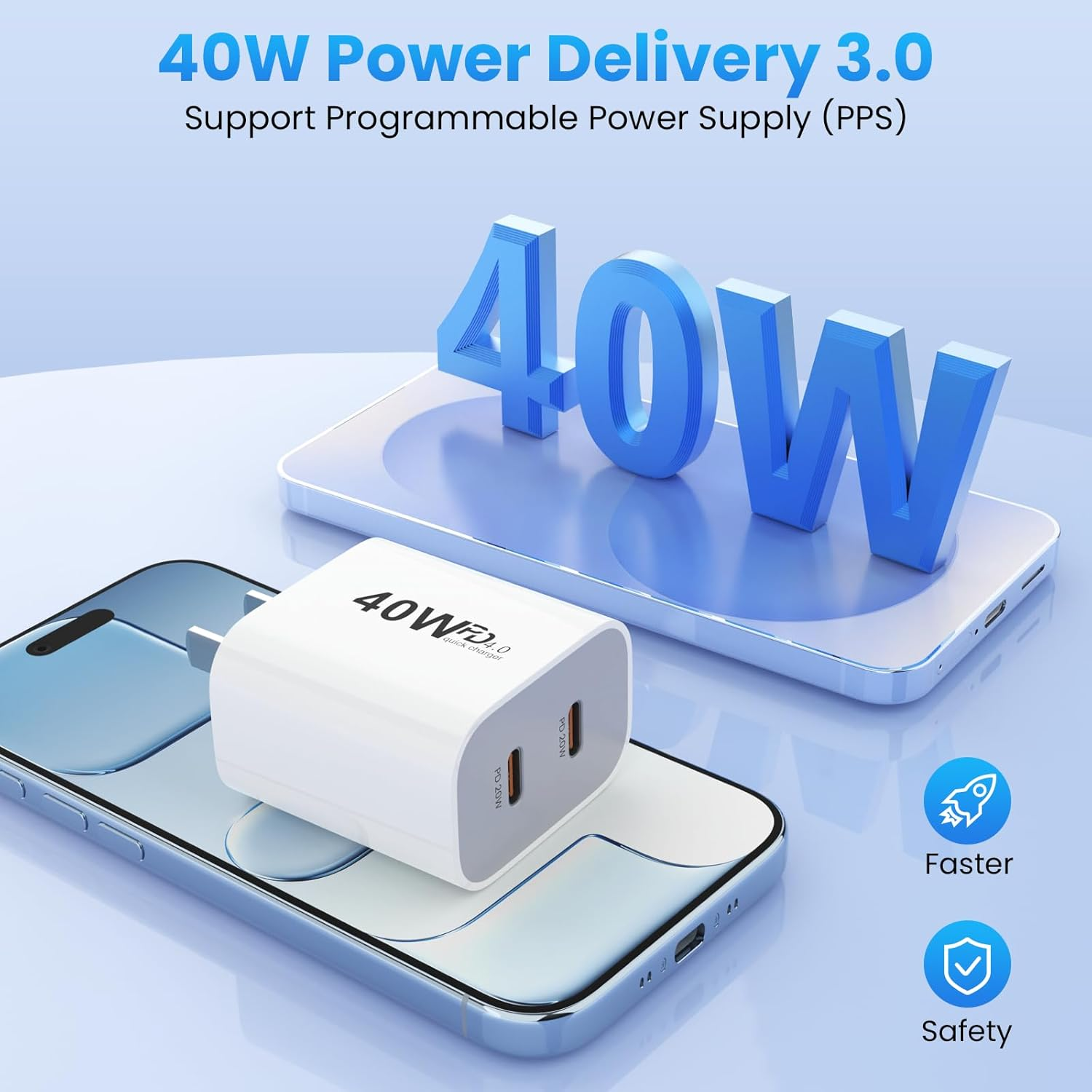 40W USB C Fast Charger 2Pack,2-Port PD USB-C Wall Charger Plug with Dual PD USBC Port,Power Adapter Type C Wall Charger Au-Plug for Iphone/Ipad/Samsung/Galaxy with 2M USB-C & Lightning Cable image number 4